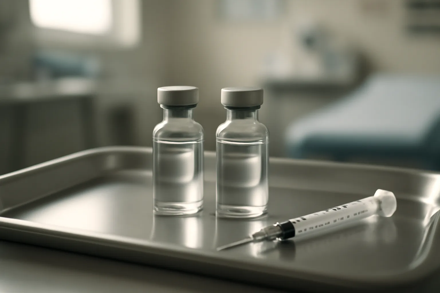 Two unlabeled injectable vials on a tray representing a hexarelin vs tesamorelin comparison