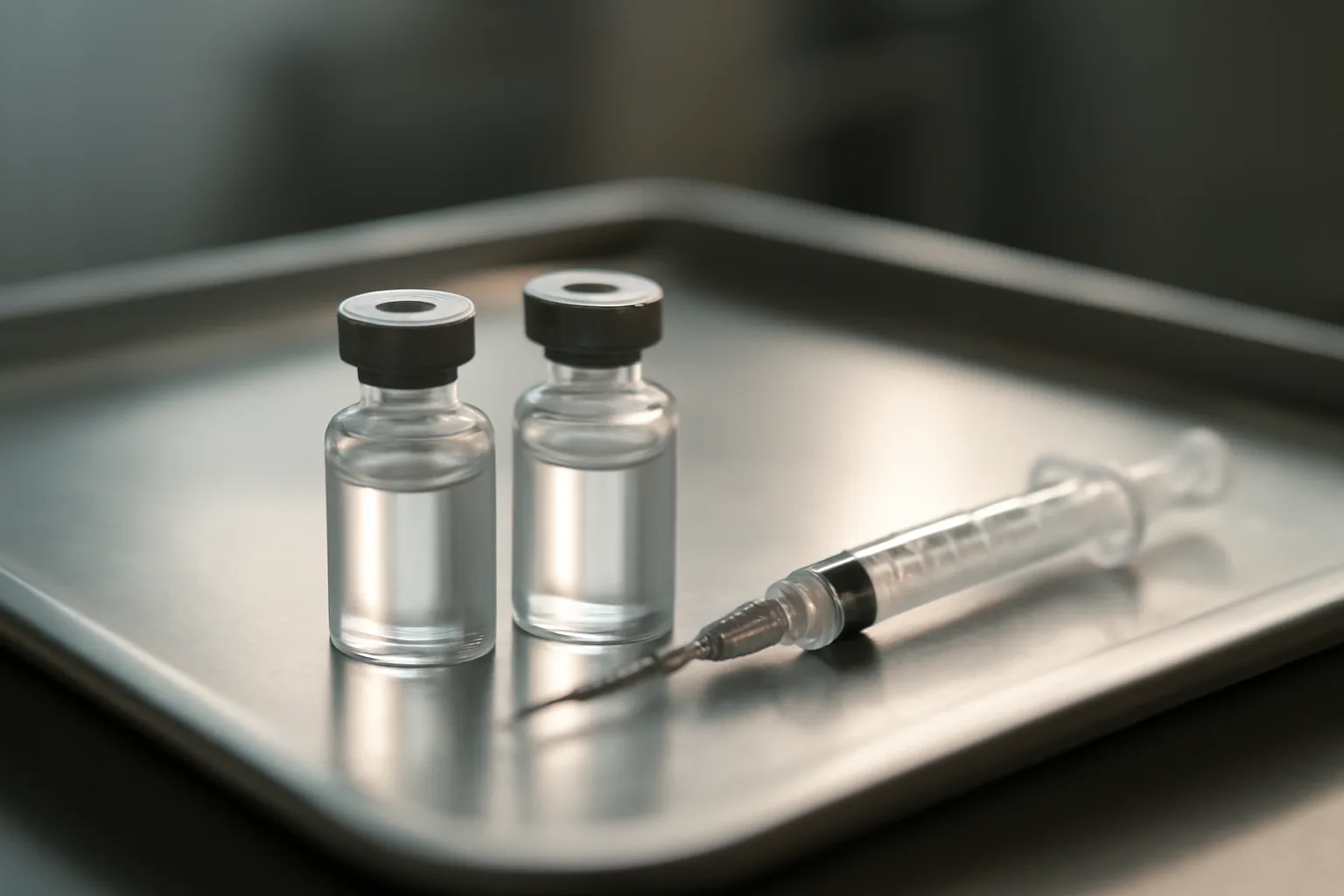 Two unlabeled vials and a syringe on a clinical tray comparing IGF-1 LR3 vs tesamorelin