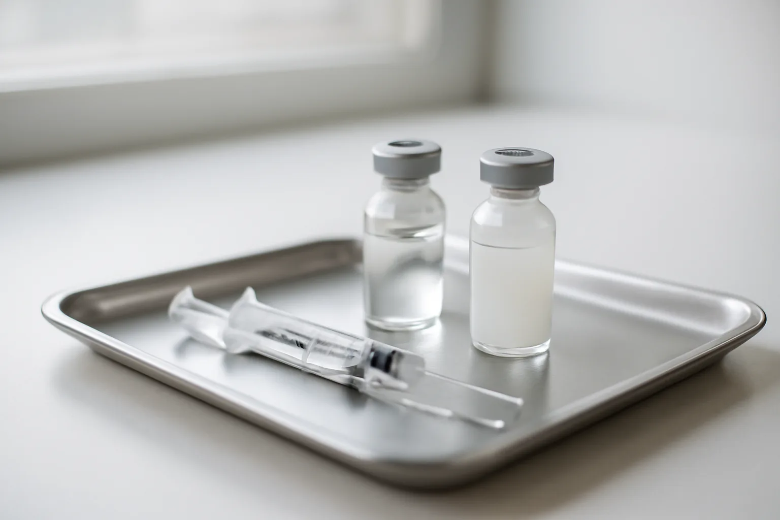 Two separate peptide vials and syringes laid side by side on a clinical tray