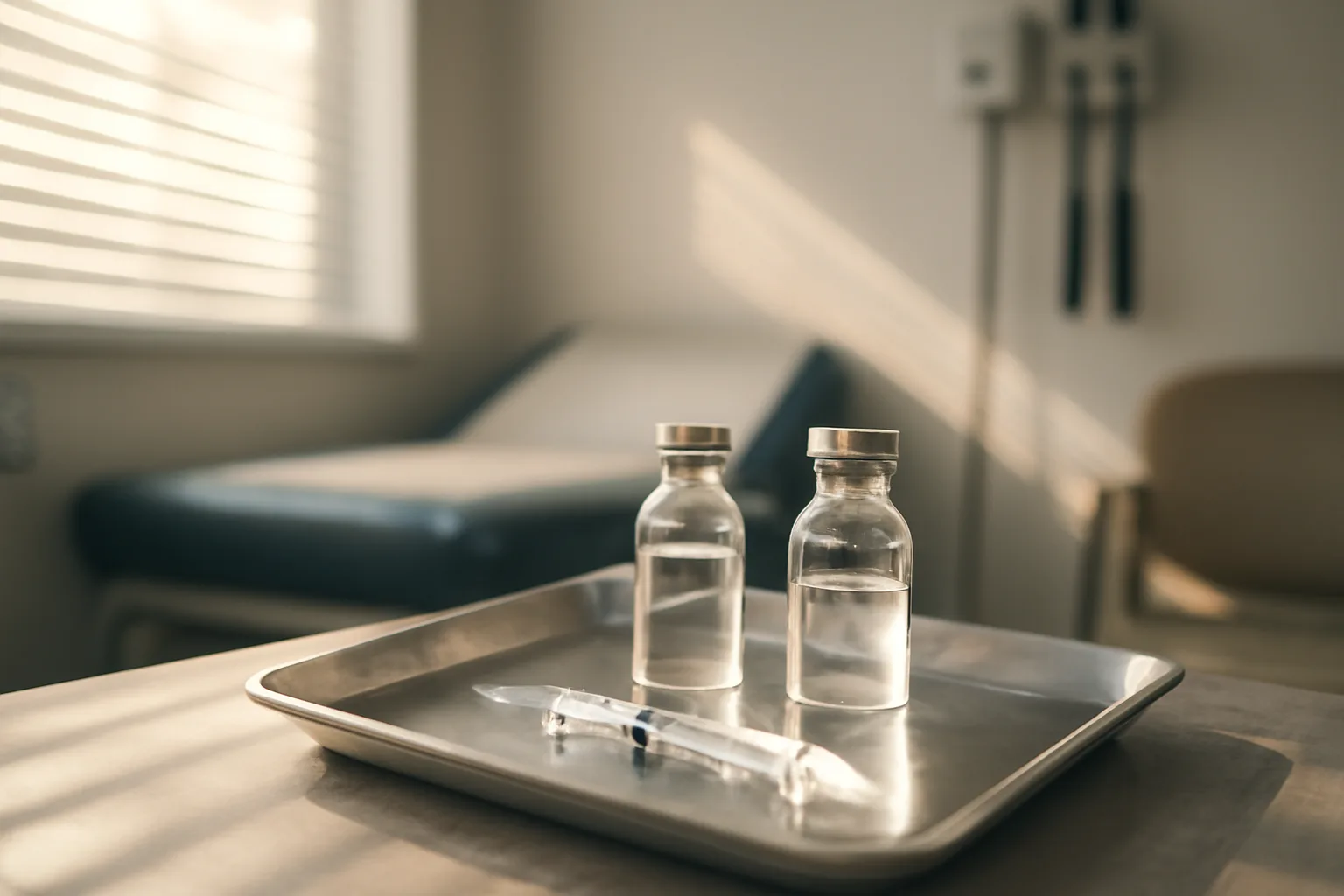 Two unlabeled glass vials and a syringe on a clinical tray in soft light