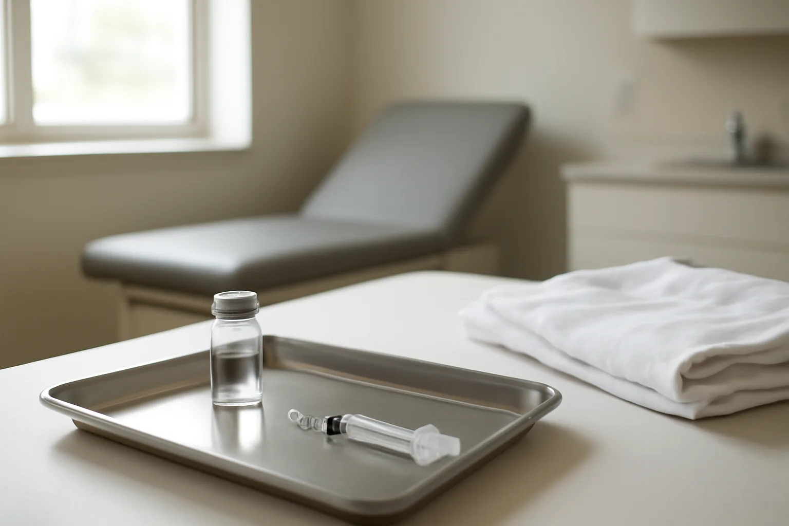 Vial and syringe on a steel tray in a clinical exam room, representing tesamorelin treatment