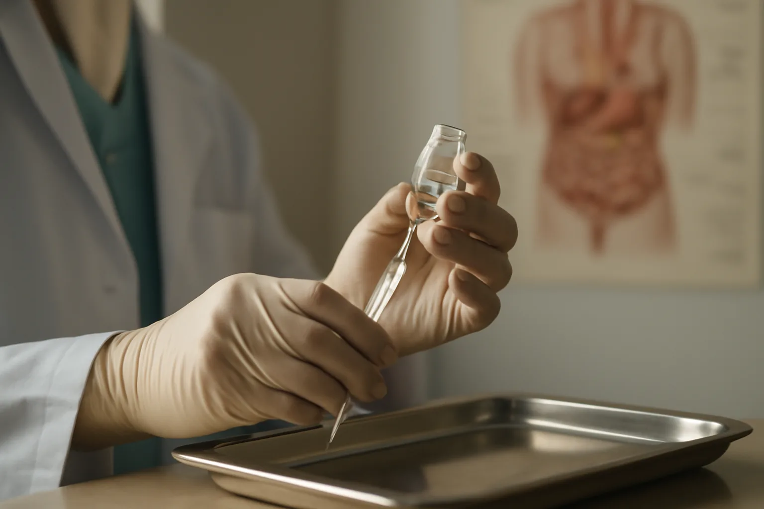 Clinician preparing an injection comparing tesamorelin and growth hormone treatment options