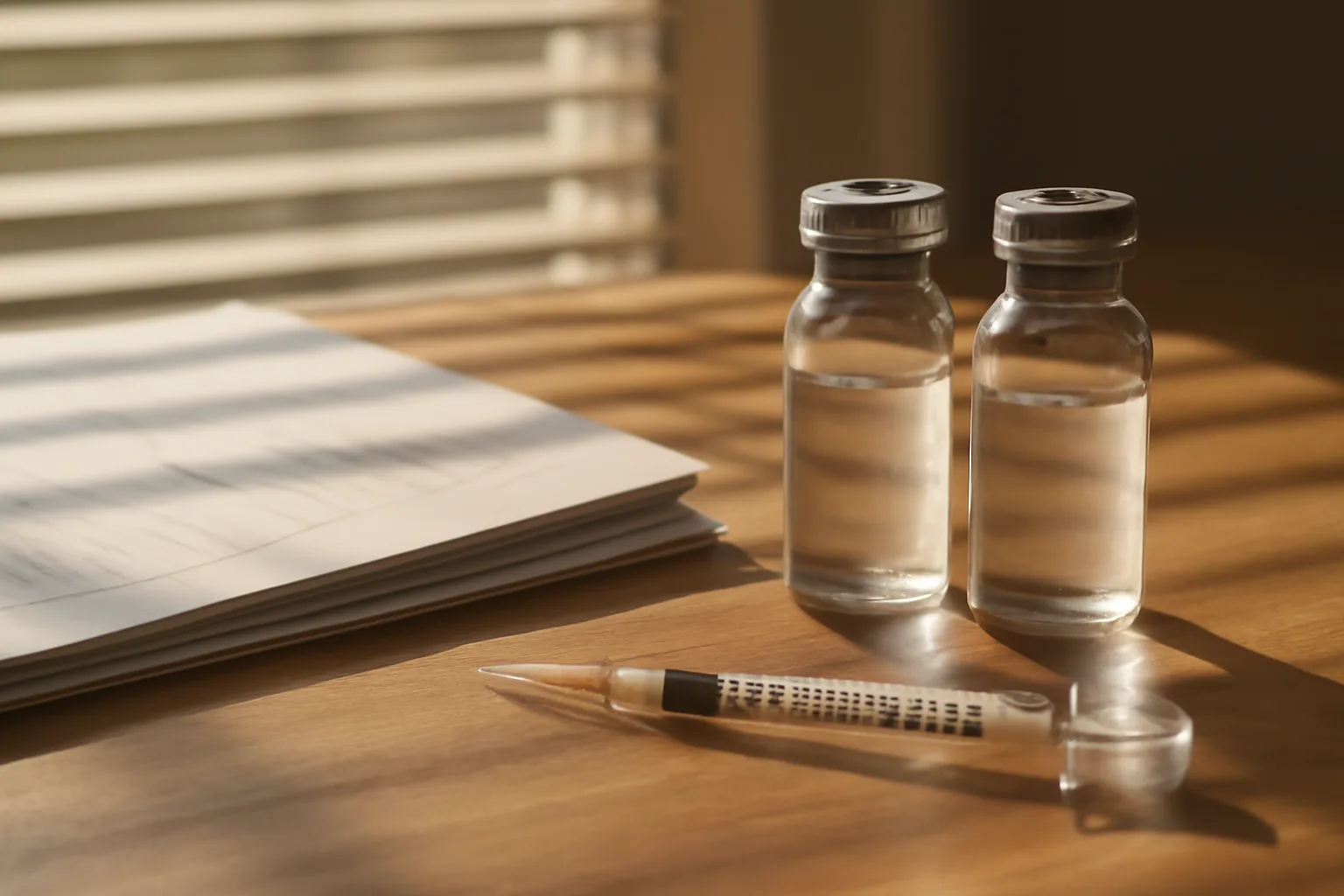 Two unlabeled vials and a syringe beside printed research papers on a clinic desk