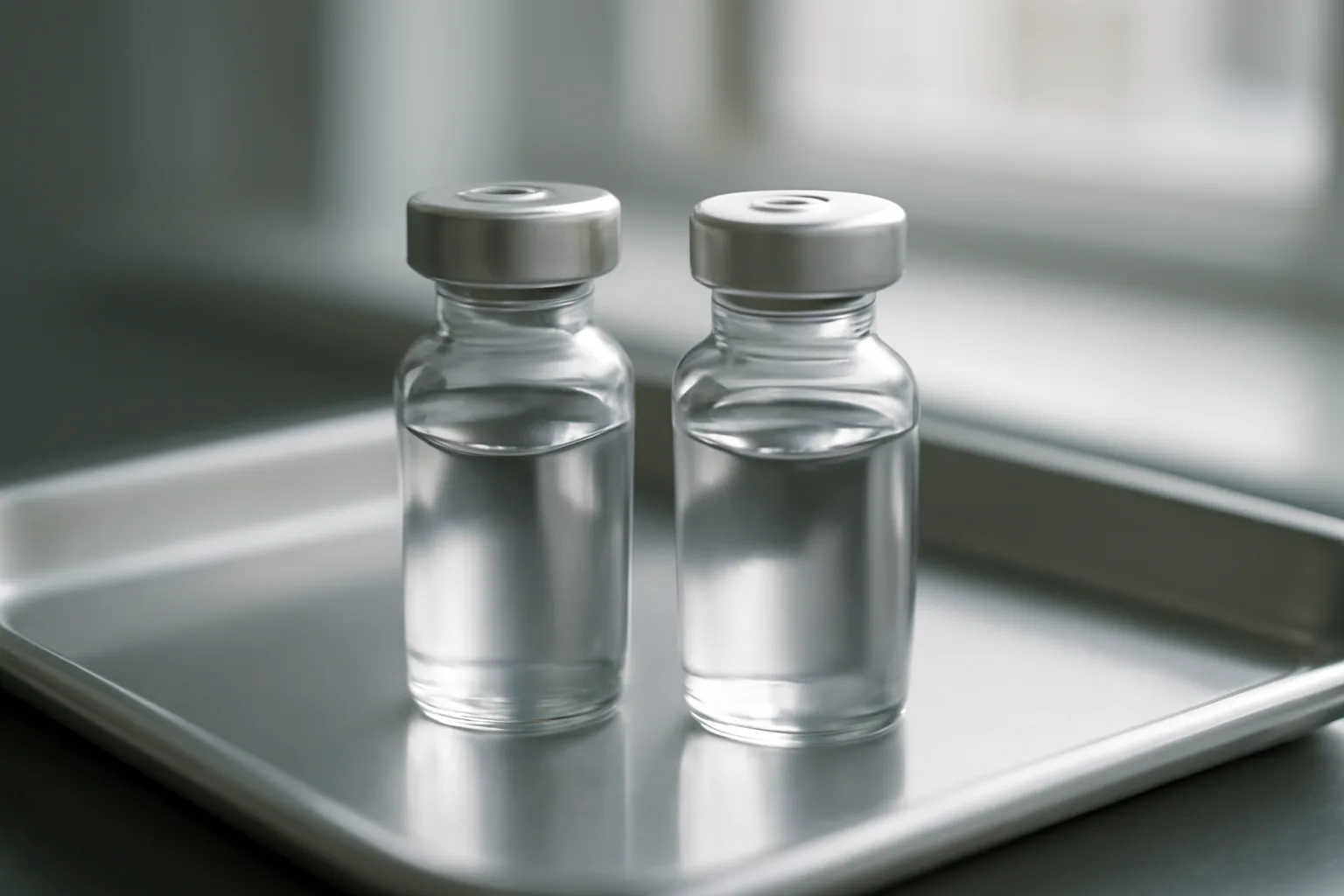 Two unlabeled peptide vials on a steel tray representing tesamorelin vs sermorelin comparison