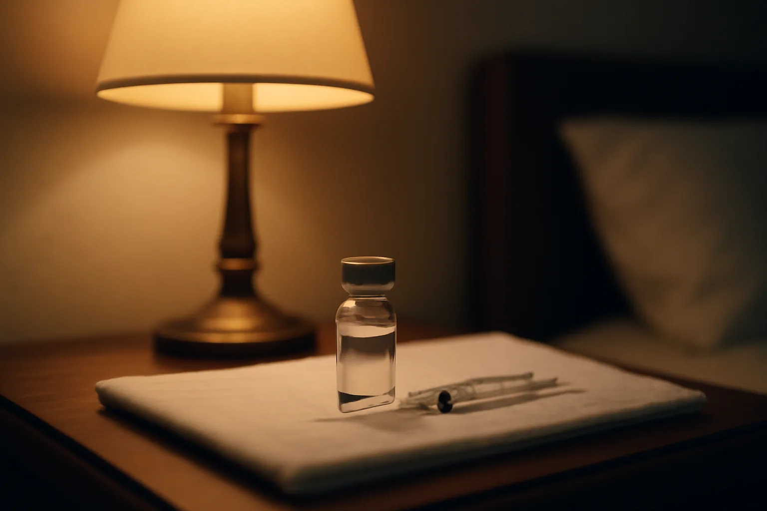 Bedside vial and syringe at night representing tesamorelin peptide injection timing