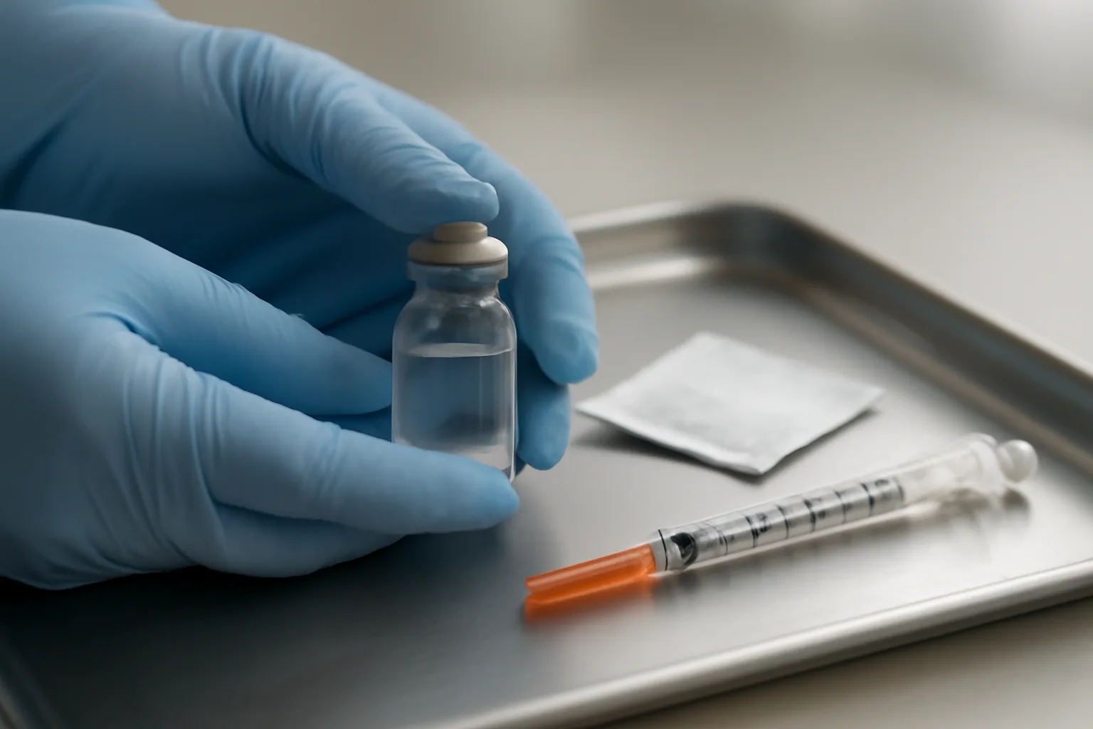 gloved hands gently rolling a glass vial while preparing to reconstitute tesamorelin