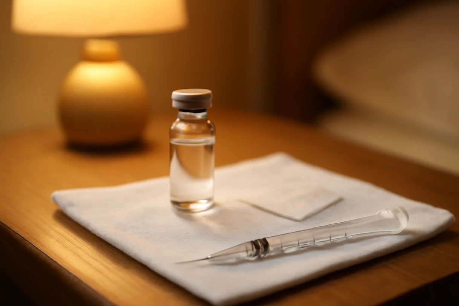 Vial, syringe, and swab arranged on a nightstand before a tesamorelin injection