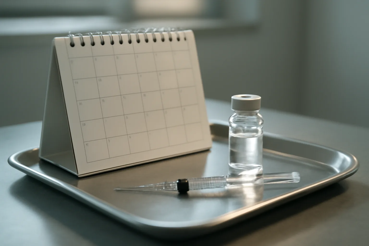 Vial, syringe, and calendar on a tray representing a tesamorelin treatment course timeline