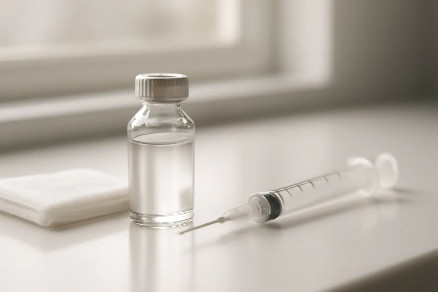 Vial and syringe on a countertop illustrating tesamorelin dosage calculator reconstitution steps