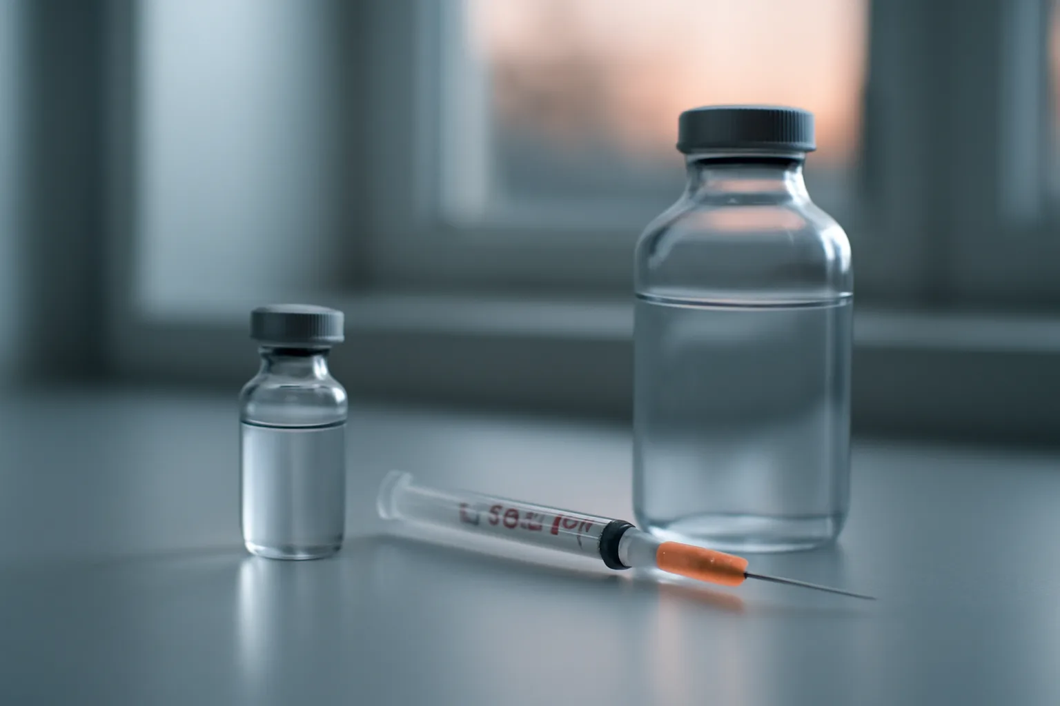 Insulin syringe and glass vial on a counter, illustrating tesamorelin dosage preparation