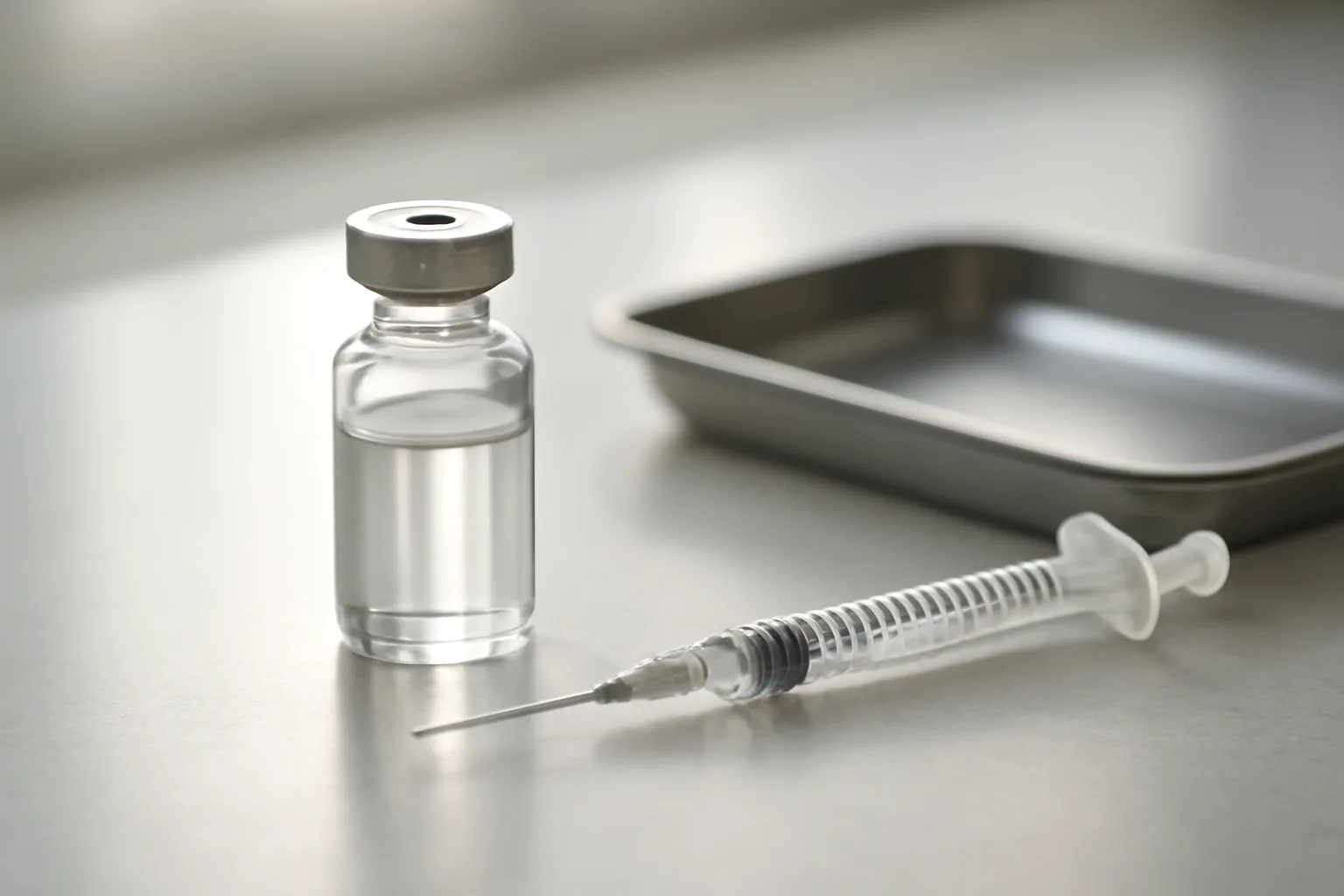 Vial and syringe on a countertop illustrating tesamorelin half life and daily dosing