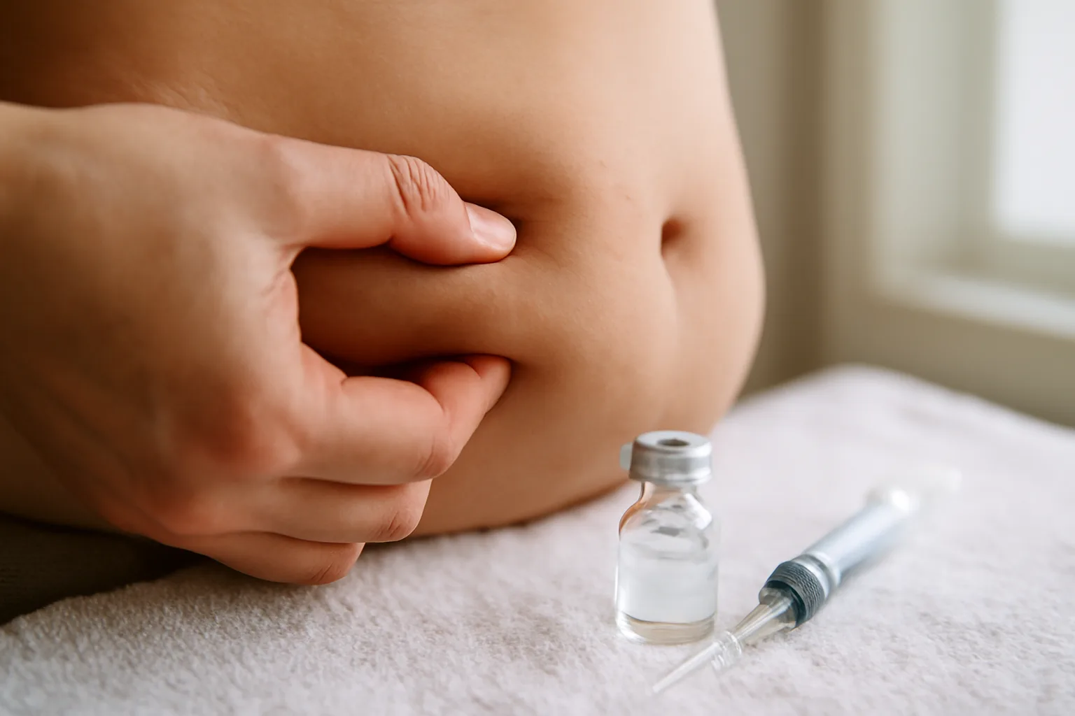 Hand preparing to self-inject tesamorelin subcutaneously into abdominal skin