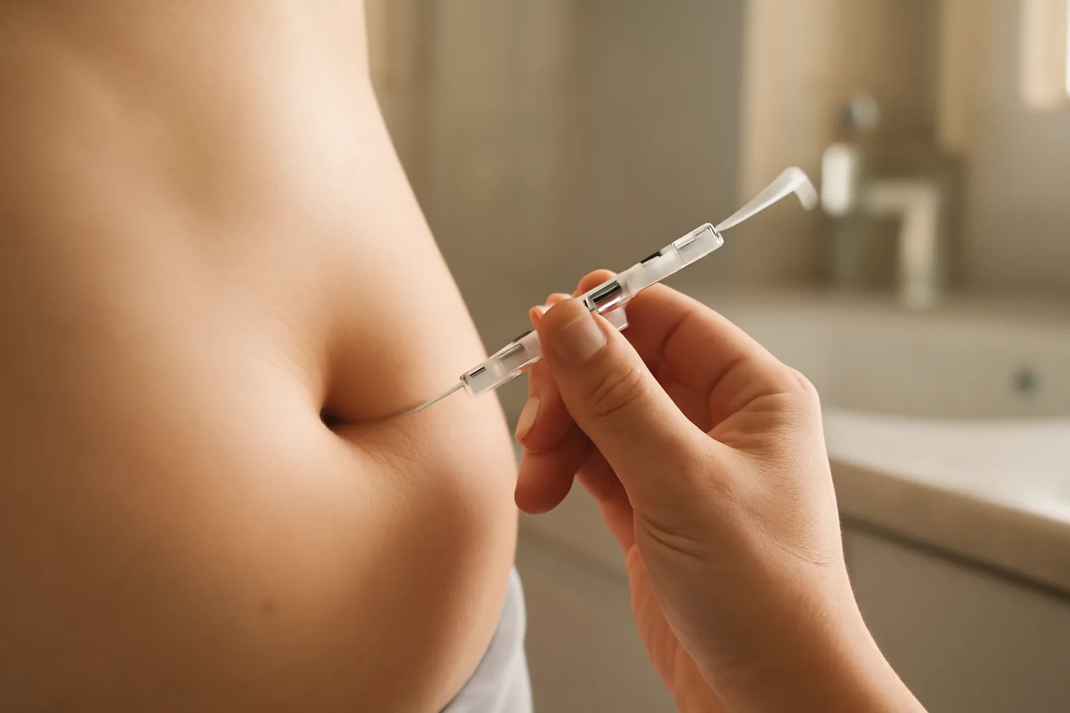 Hand pinching abdominal skin before a tesamorelin injection near a window