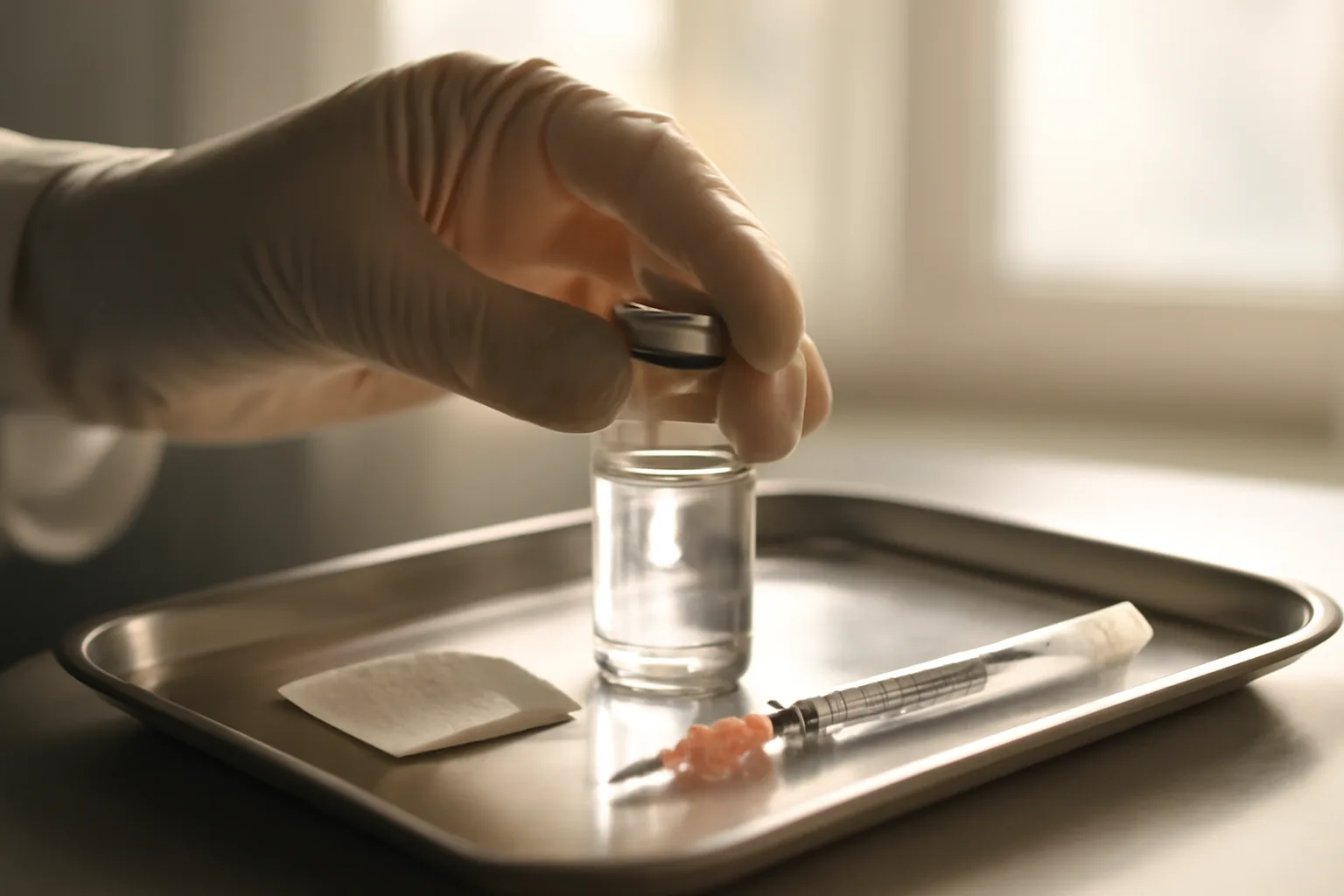 Gloved hands swirling a reconstituted tesamorelin vial beside an insulin syringe