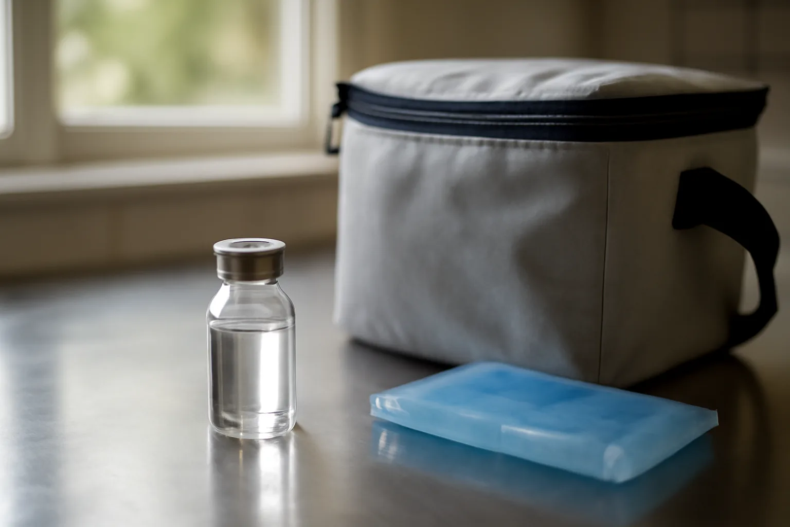 Glass vial beside an insulated cooler bag, illustrating tesamorelin storage and shelf life