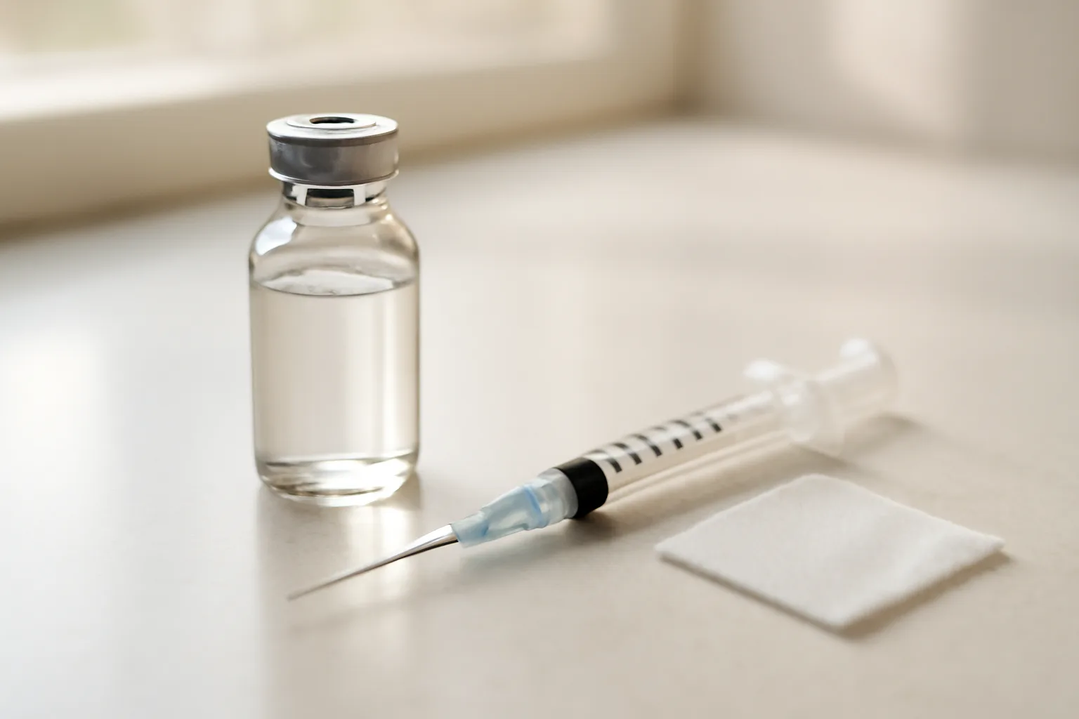 Vial and syringe on a clinical counter representing tesamorelin peptide evaluation