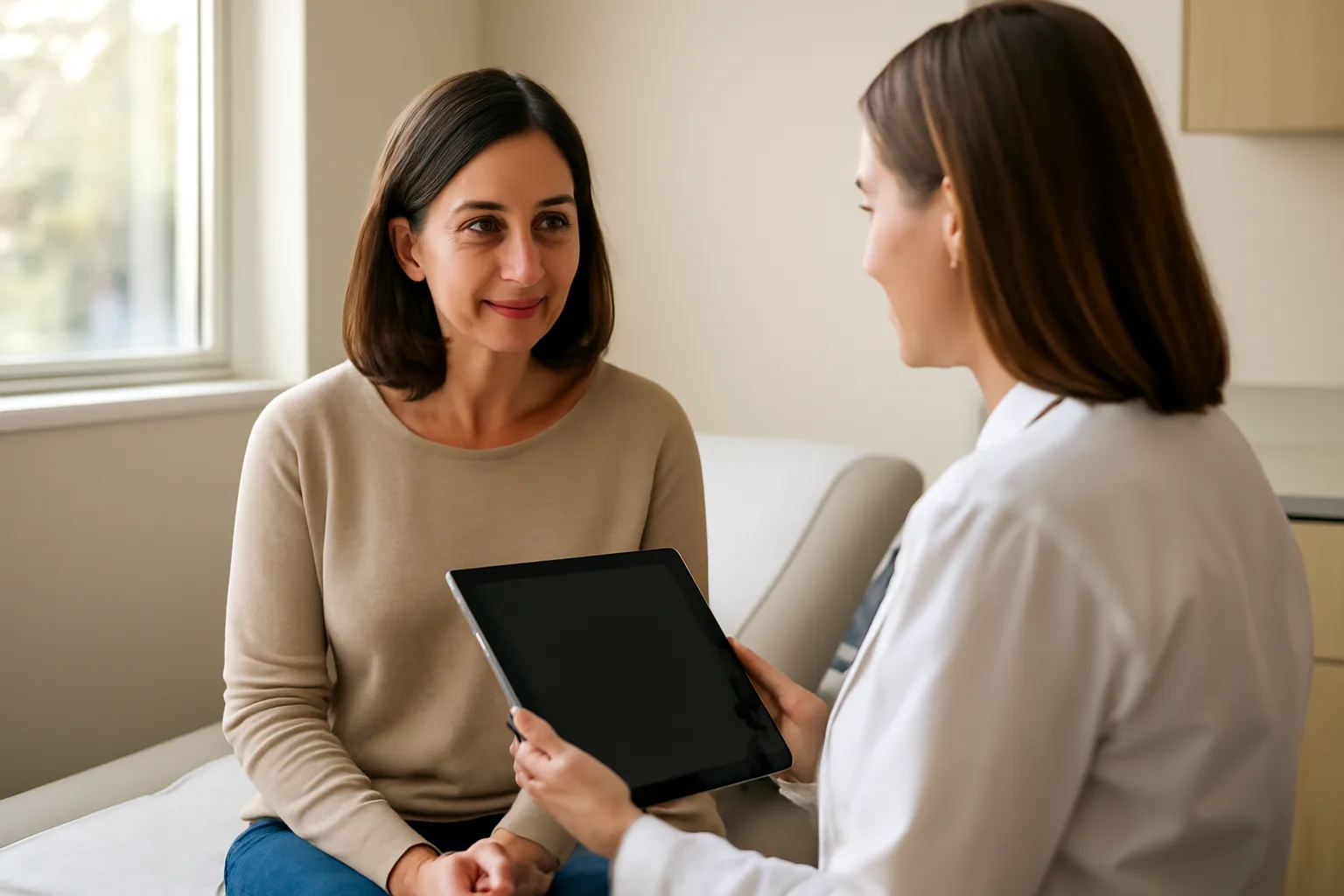 Woman consulting a clinician about tesamorelin peptide treatment in a clinic room