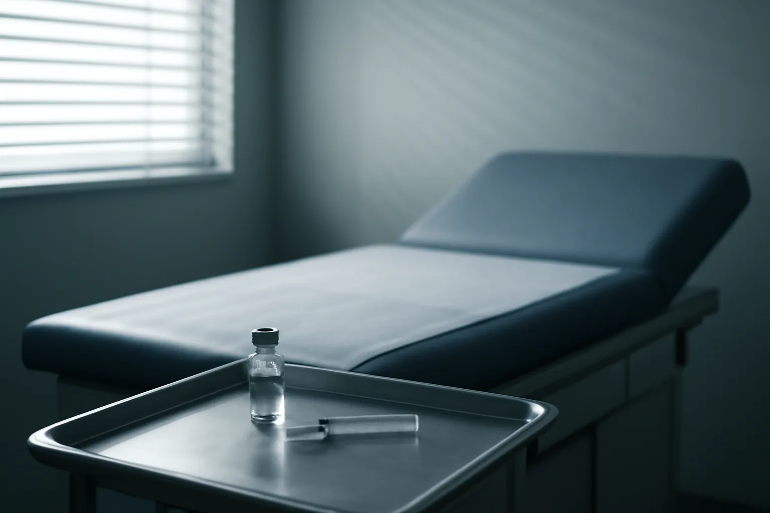 Clinical exam room with vial and syringe on a tray, evoking tesamorelin cancer risk research