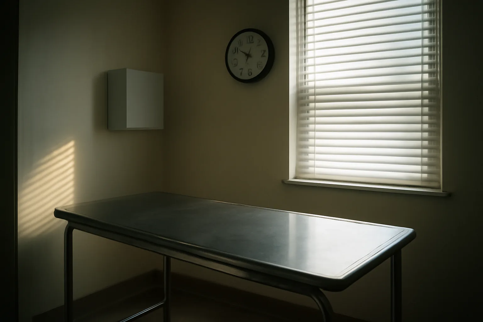 Empty clinical exam room with a wall clock suggesting a gradual treatment timeline