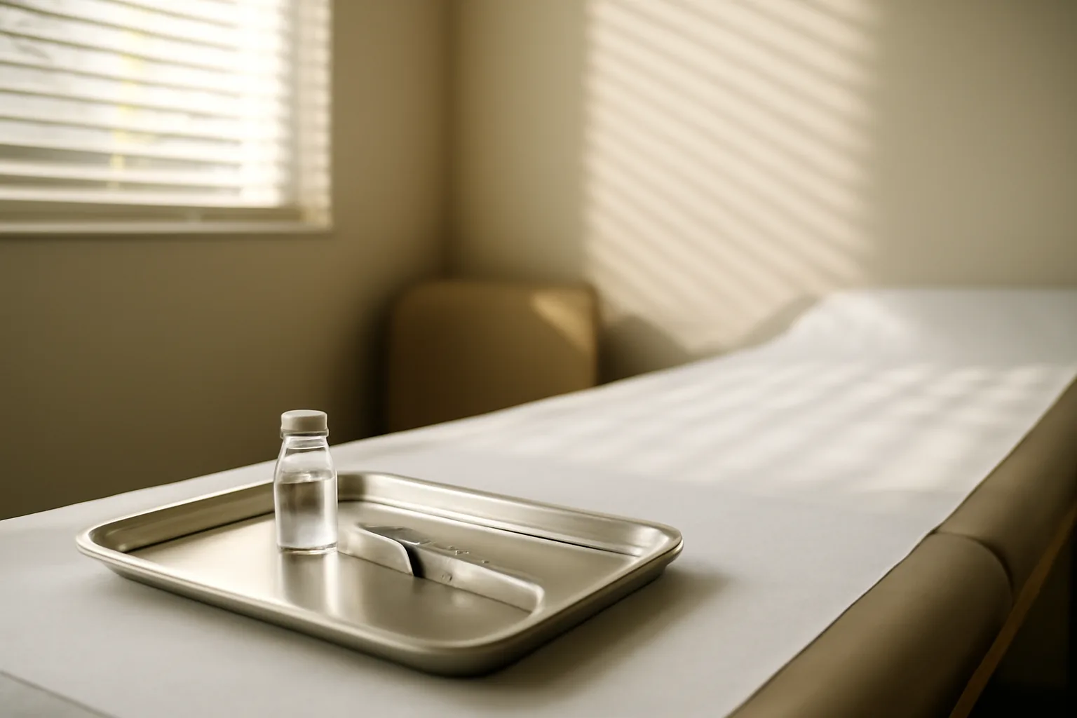 Clinic exam room table with vial and syringe illustrating tesamorelin treatment timeline