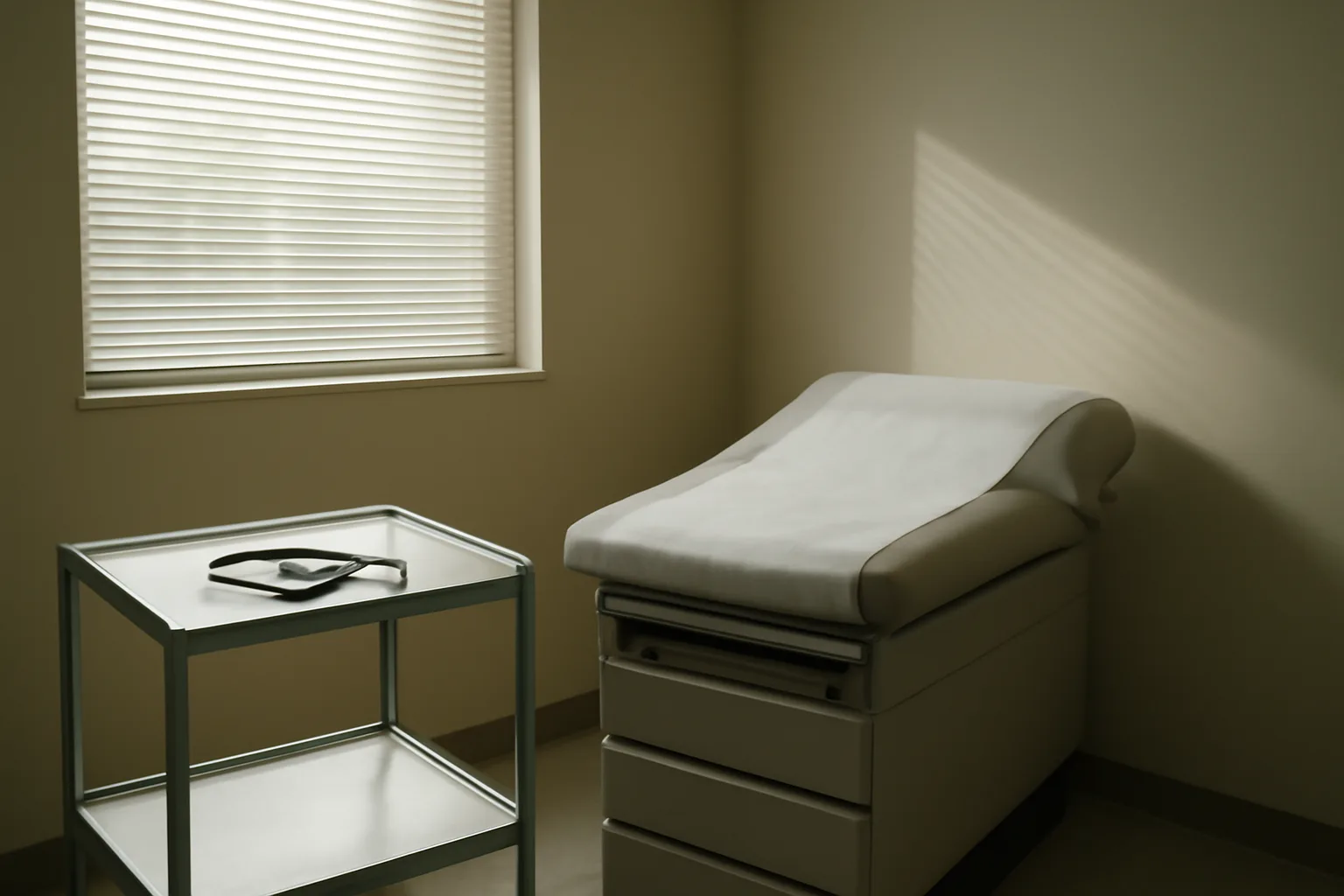 Empty clinical exam room representing the prescriber visit needed to get tesamorelin