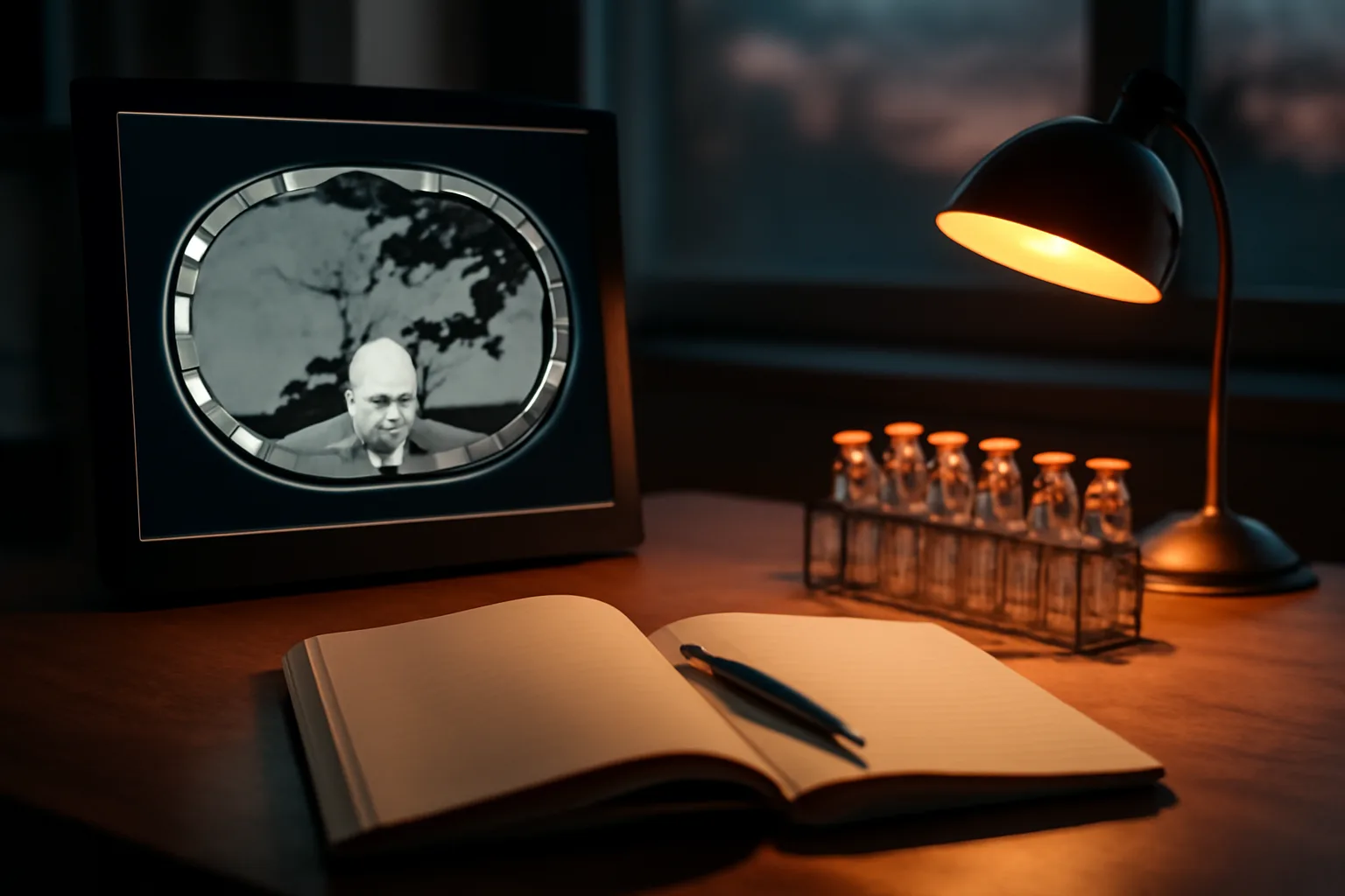 Lab desk with abdominal CT scan and vials representing tesamorelin clinical trial evidence
