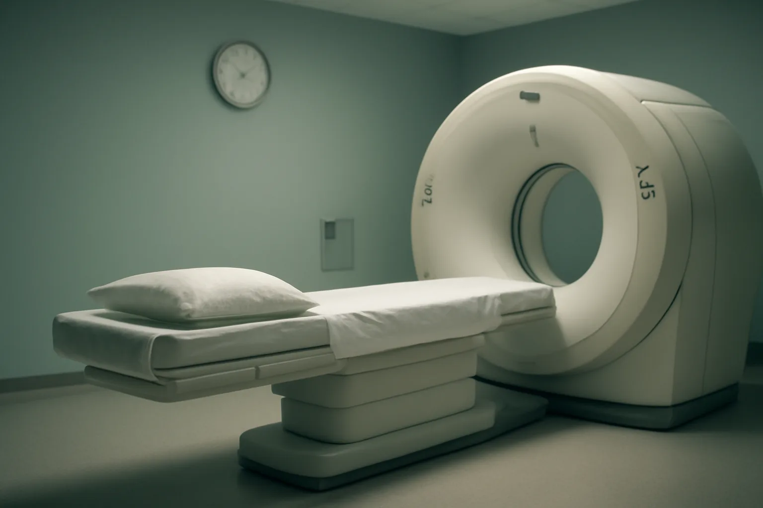 Empty CT scan suite representing imaging used in tesamorelin clinical trials for visceral fat
