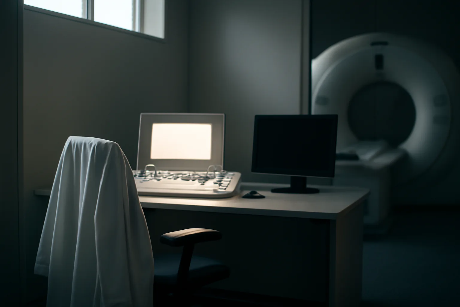 Empty CT scan room used in tesamorelin human studies research setting