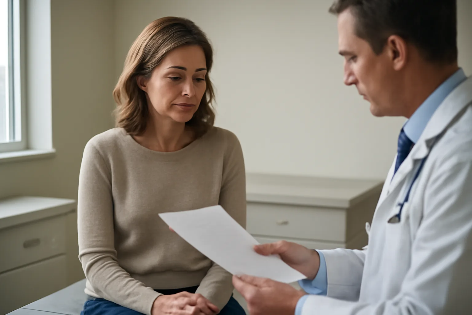 Woman consulting a physician during a clinical visit discussing tesamorelin treatment options