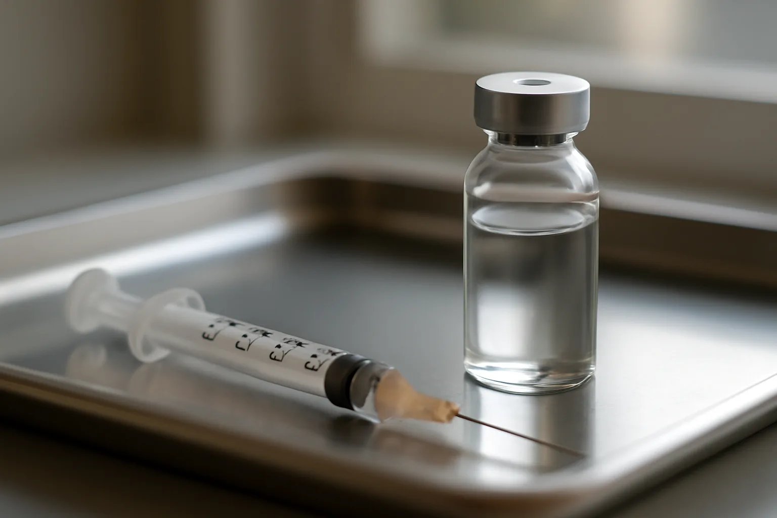 Vial and syringe on a steel tray illustrating tesamorelin mechanism of action research