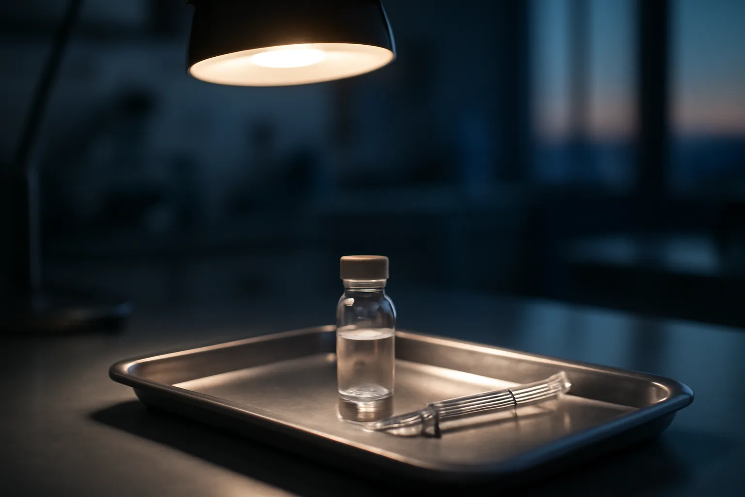 Vial and syringe on a steel tray under lab light, representing tesamorelin injection research