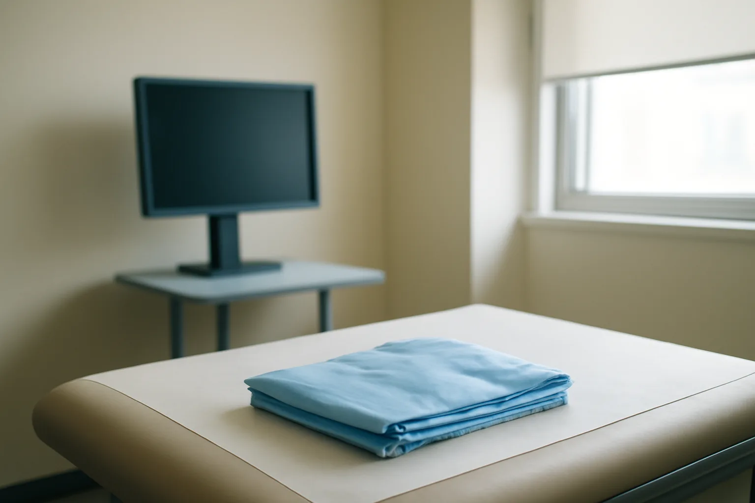 Empty clinical exam room representing tesamorelin peptide before and after imaging assessment