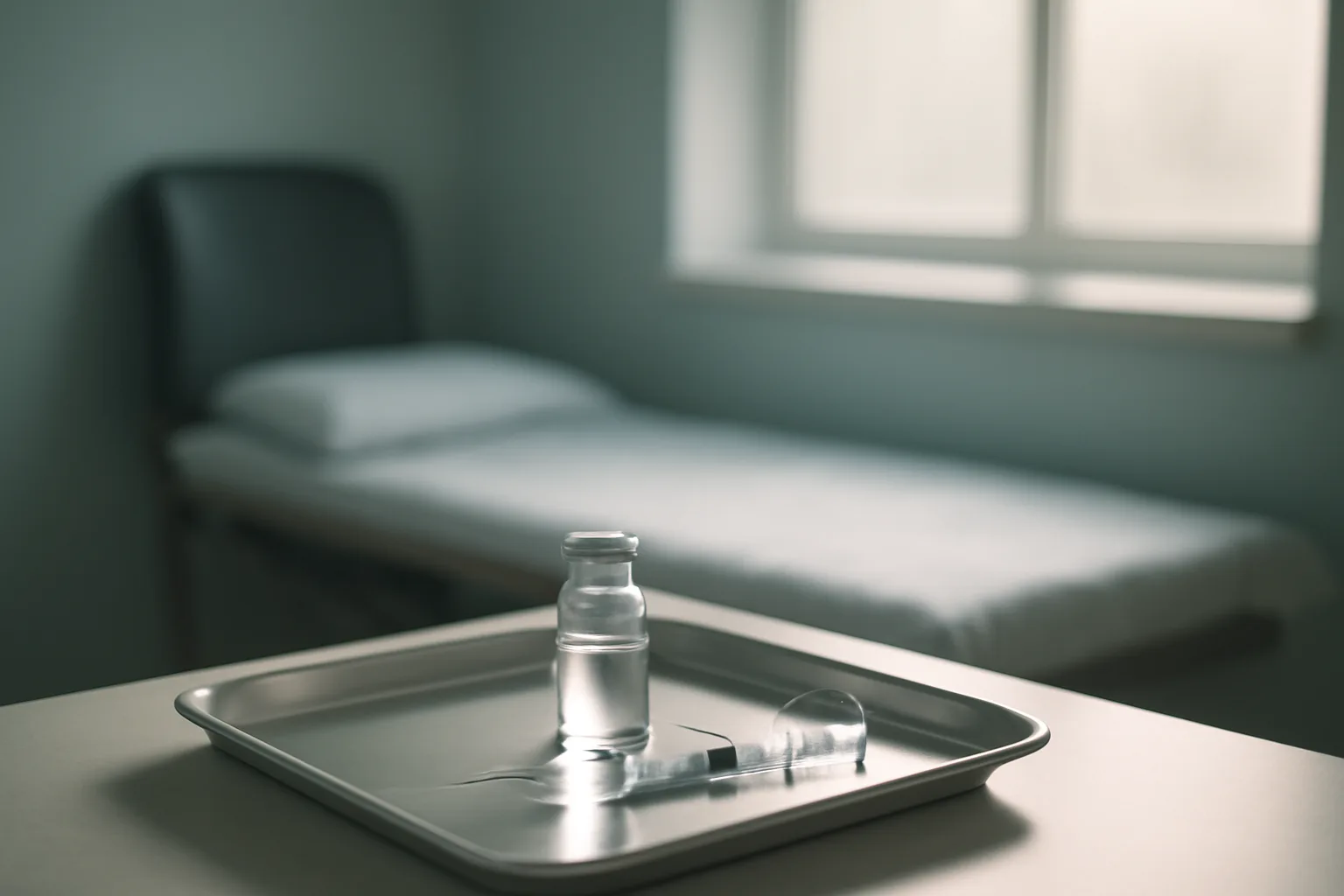 Glass vial and syringe on a steel tray in a sunlit clinical exam room