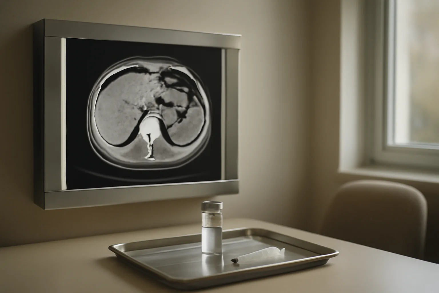 CT abdominal scan and injection vial on a clinician's desk illustrating tesamorelin visceral fat research