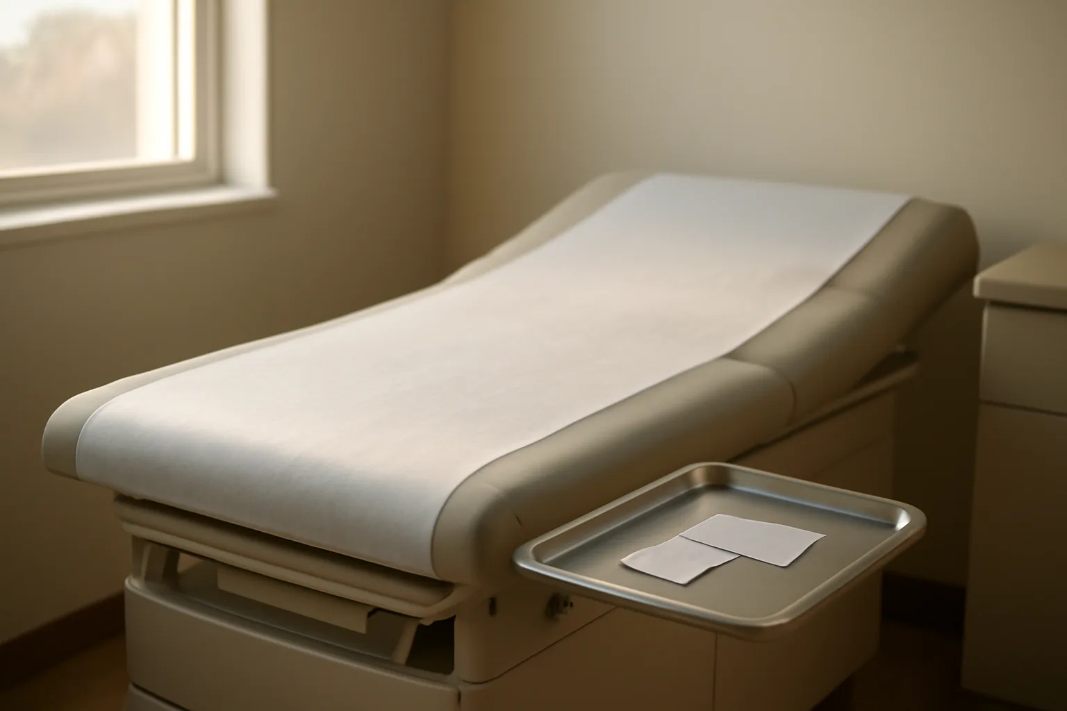 Empty clinical exam room representing a tesamorelin treatment timeline and monitoring visits