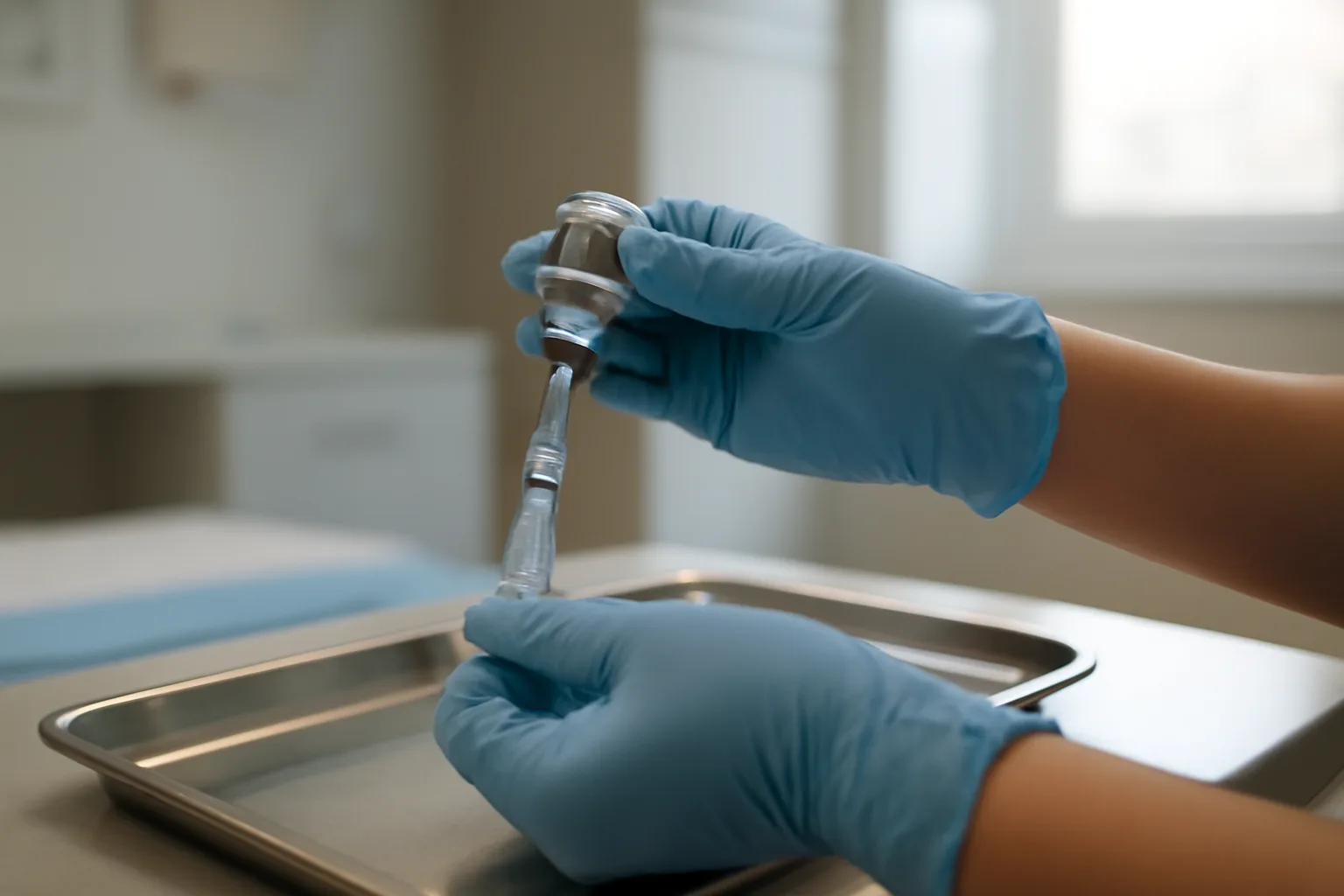Gloved hands preparing a tesamorelin injection vial and syringe in a clinic