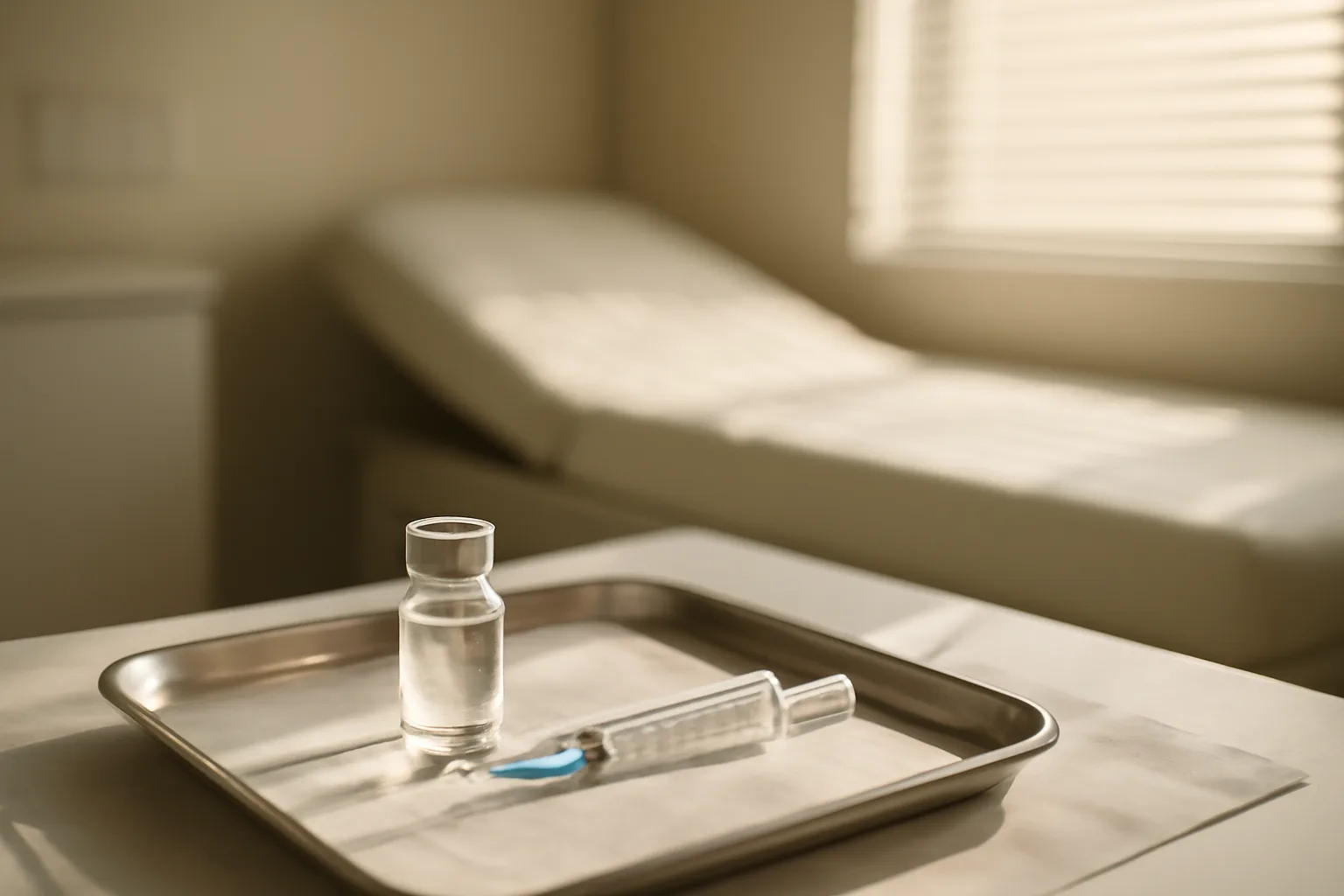 Vial and syringe on a clinical tray in sunlit exam room