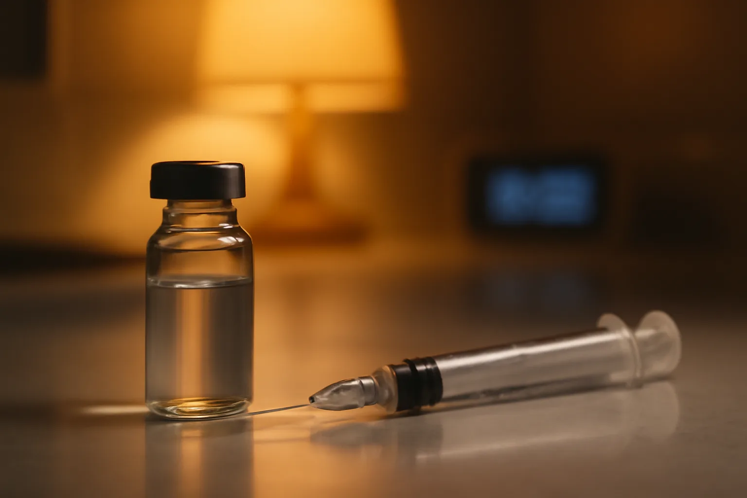 Vial and syringe on a counter at night, evoking evening tesamorelin peptide dosing routine