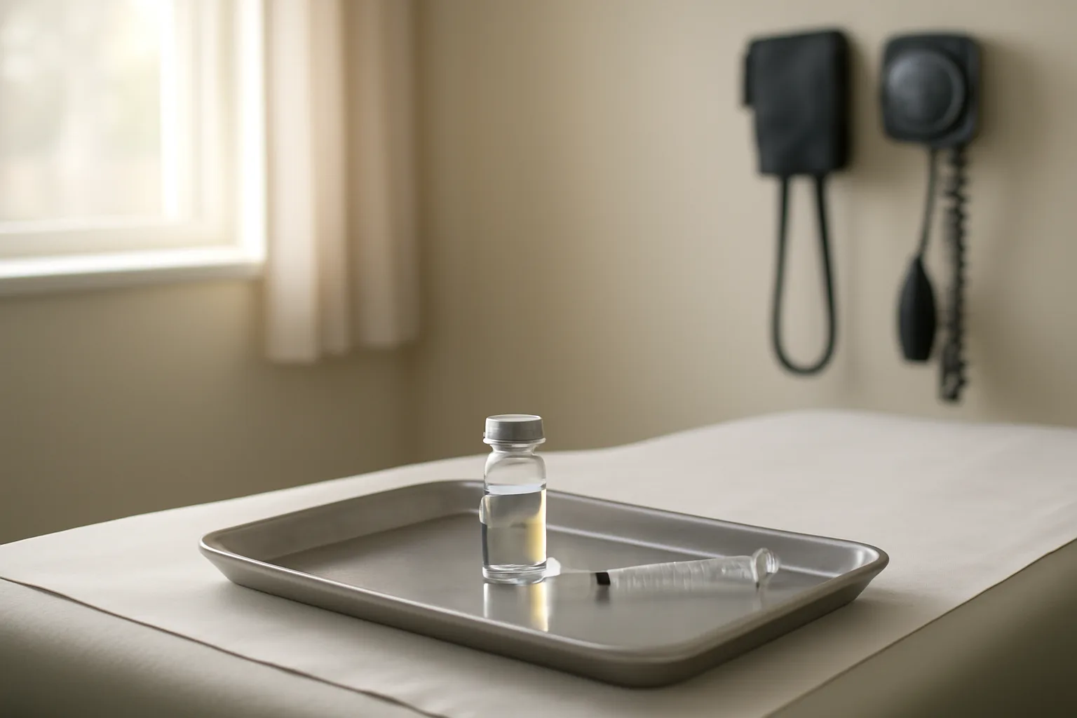Clinical exam room tray with vial and syringe, evoking tesamorelin safety and monitoring