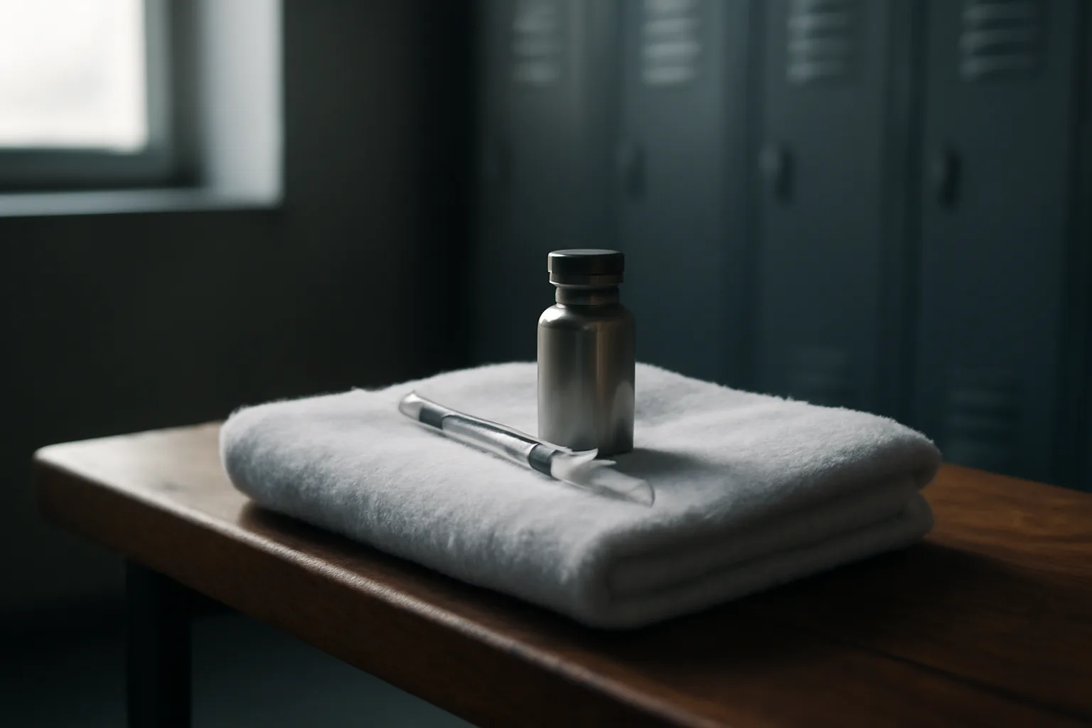 Vial and syringe on a locker room bench evoking tesamorelin and athletes drug testing