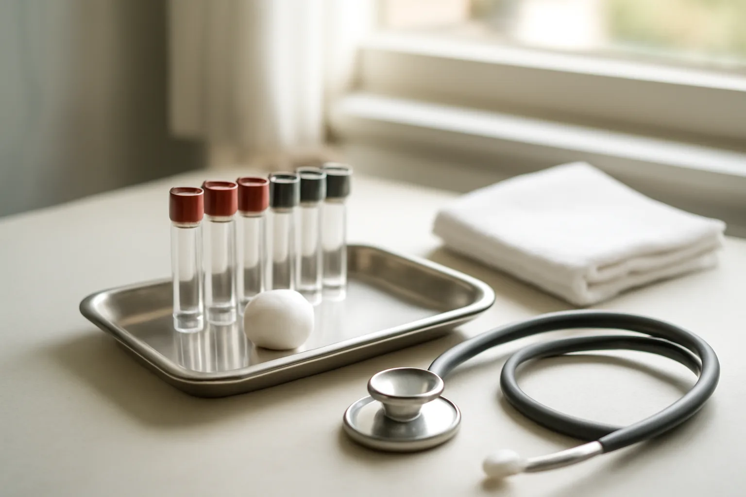 Blood draw vials and a stethoscope on a clinic counter for tesamorelin monitoring