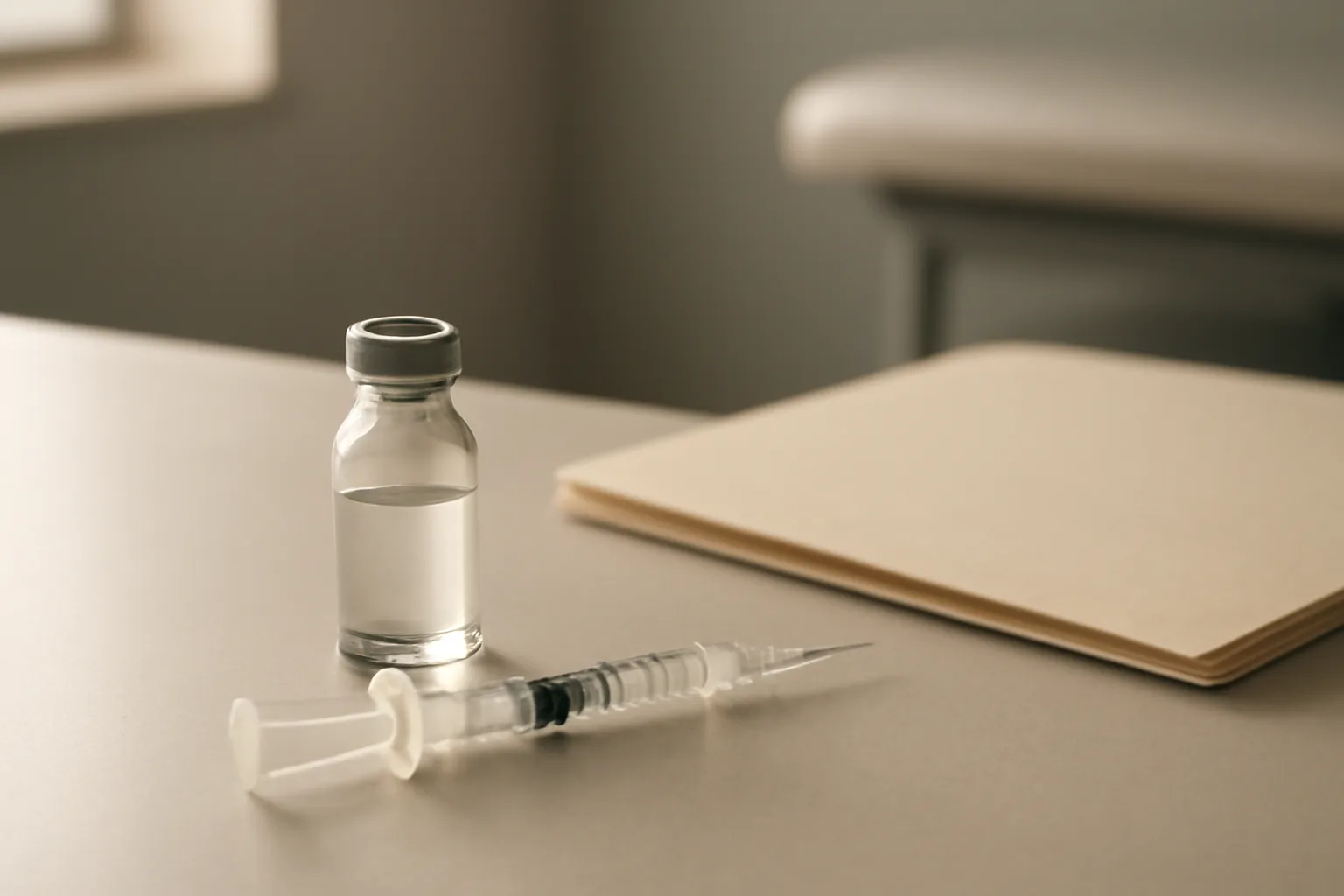 Vial and syringe on a clinic counter representing tesamorelin contraindication screening
