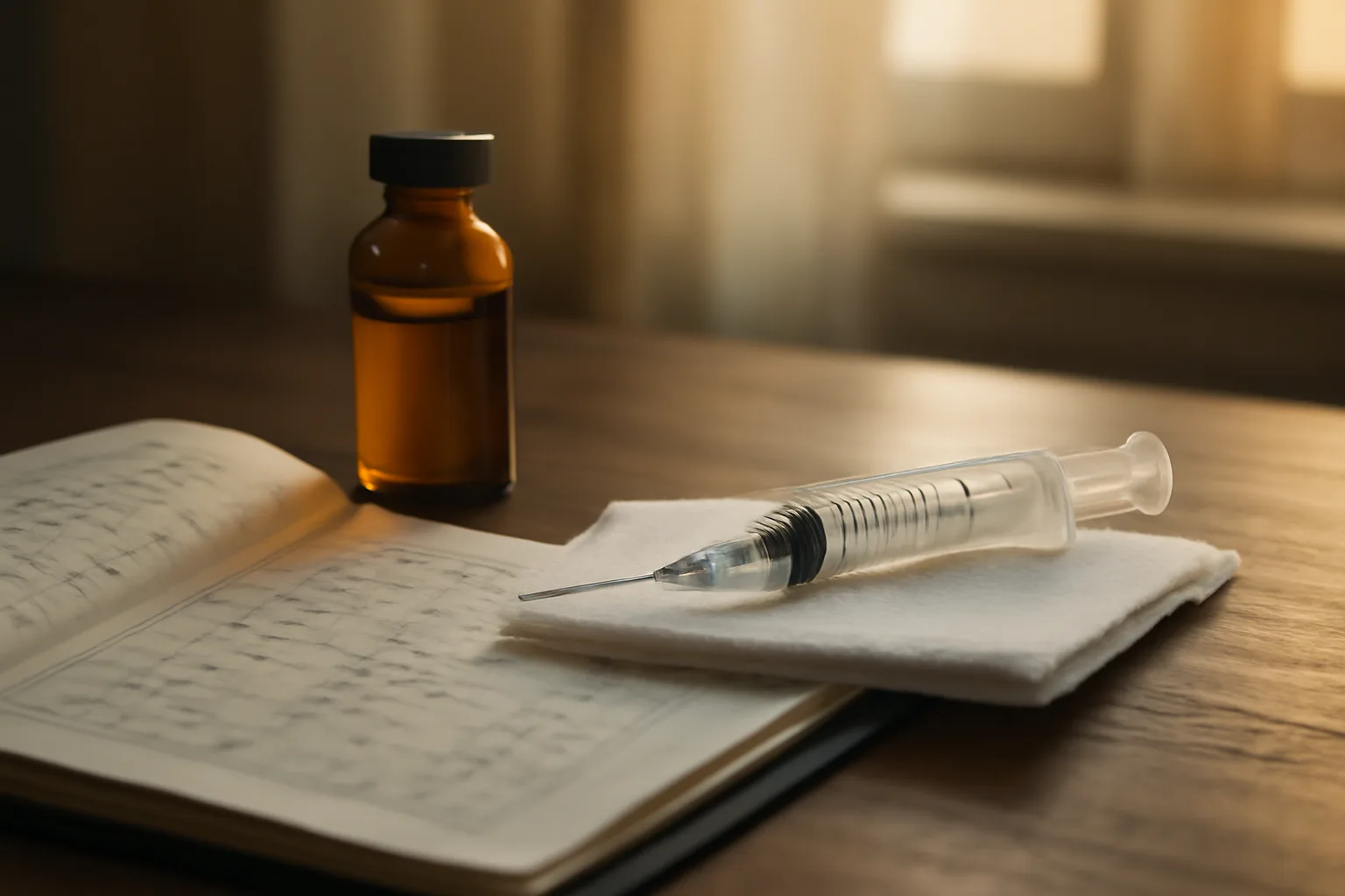 Syringe and vial on a clinician's desk beside a lab chart, evoking tesamorelin drug interaction review