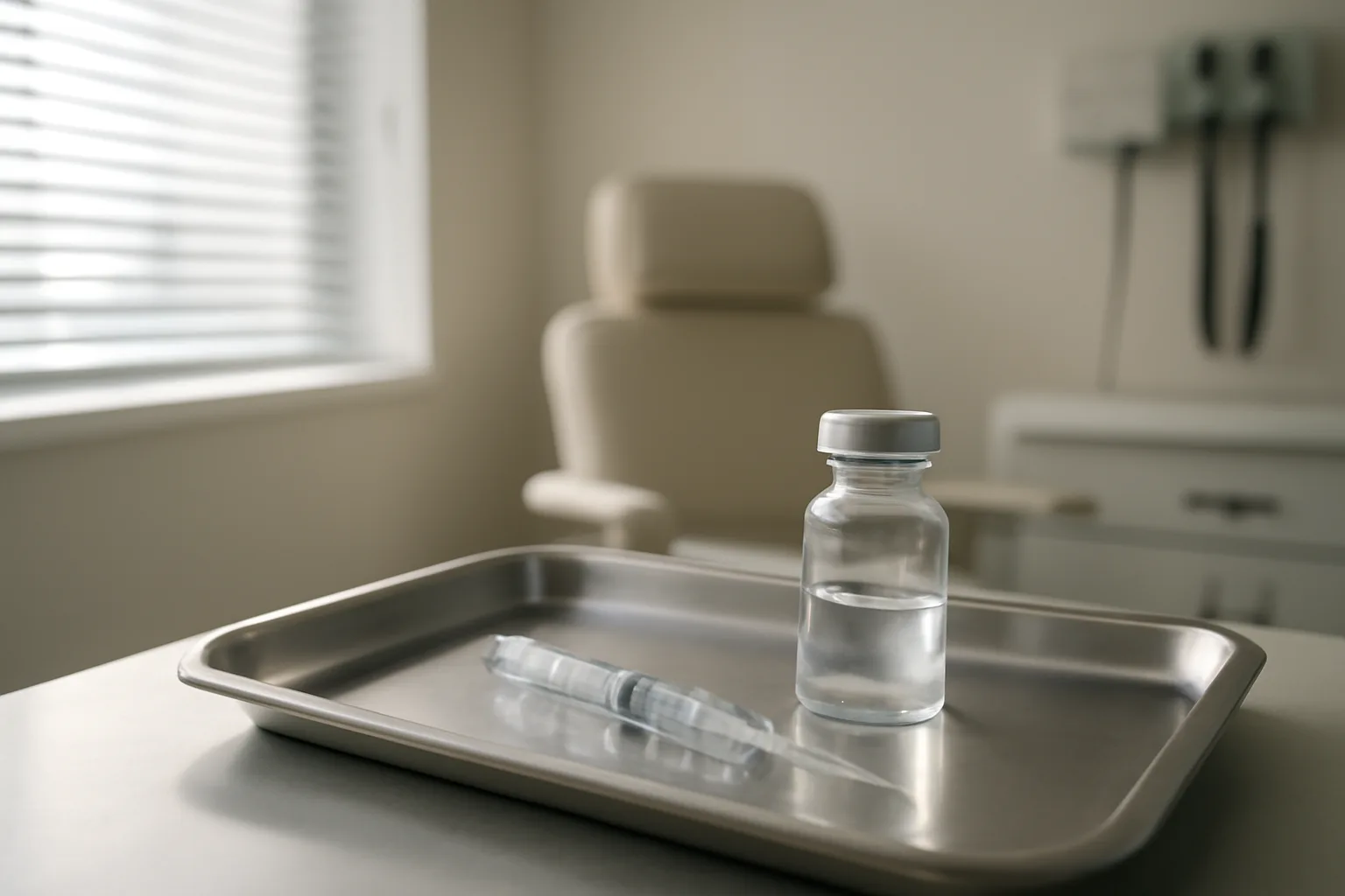 Glass vial and syringe on steel tray in clinic room, representing tesamorelin long term side effects research