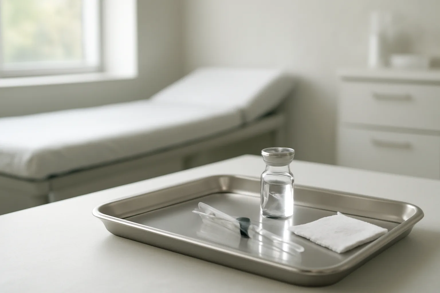 Vial and syringe on a steel tray in a sunlit clinical exam room