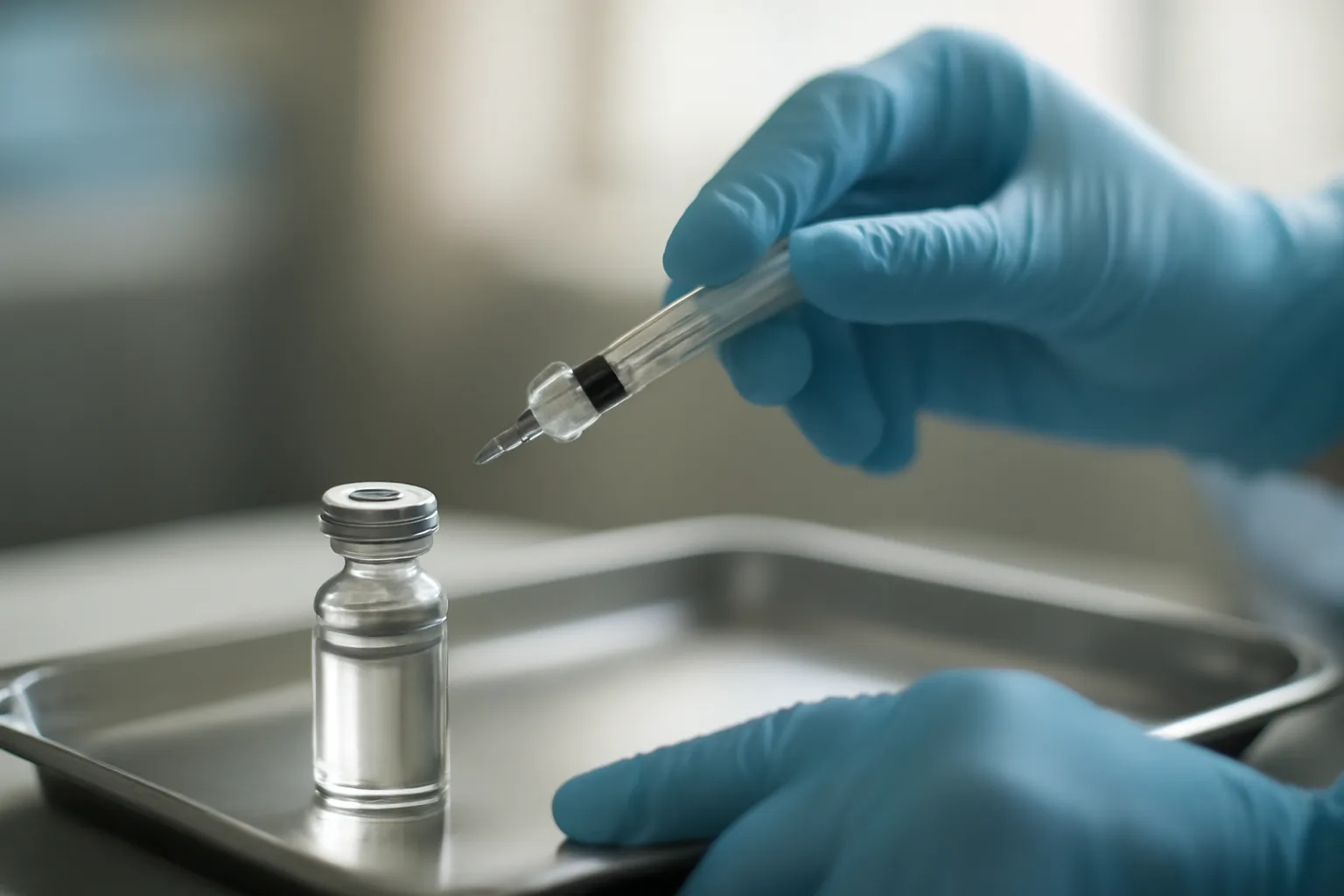 Gloved hands preparing an injectable vial and syringe on a clinical tray