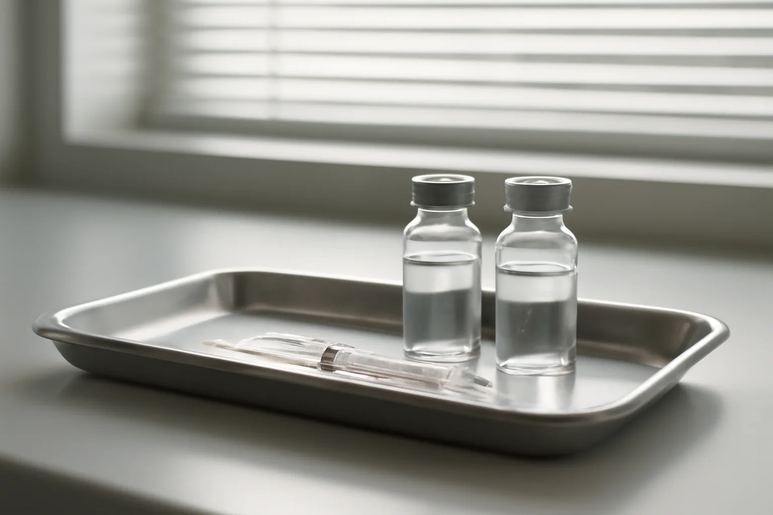 Two unmarked vials and a syringe on a clinic tray representing a tesamorelin peptide stack