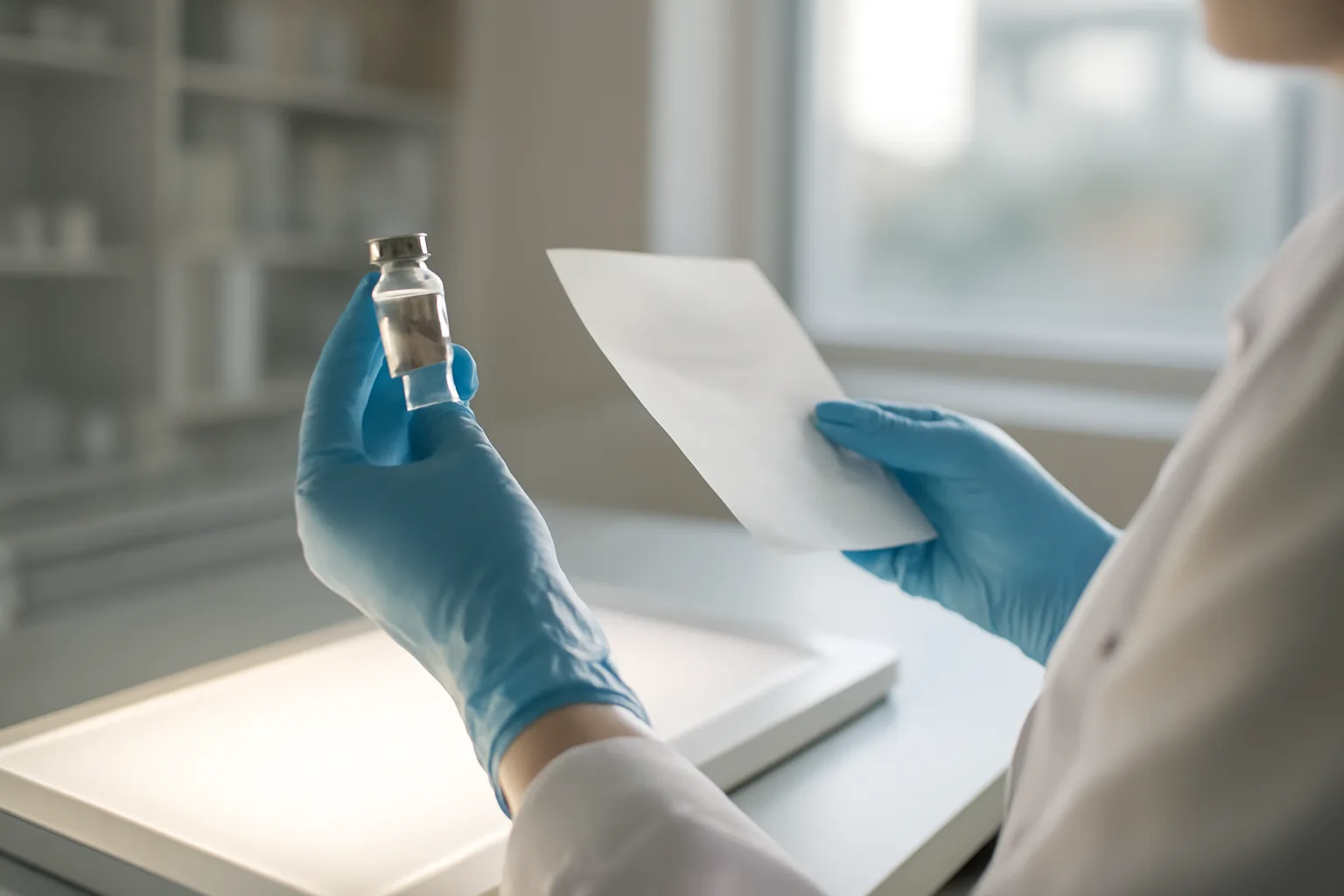 Pharmacist verifying a vial and prescription before dispensing tesamorelin