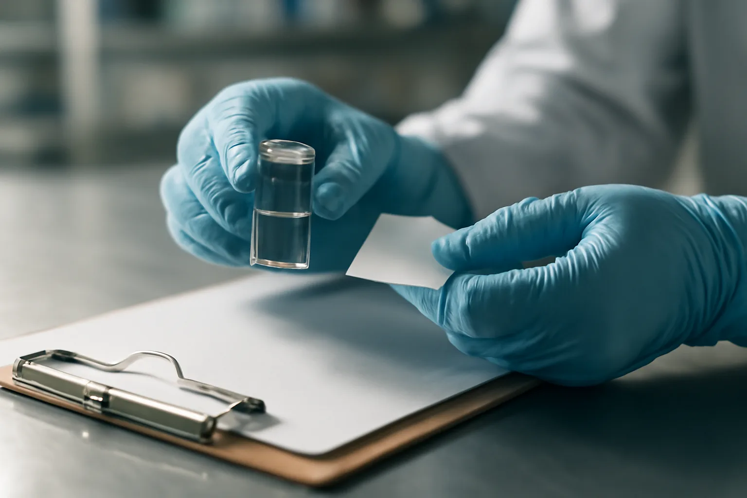 Pharmacist verifying a prescription vial at a pharmacy counter, illustrating legitimate tesamorelin sourcing