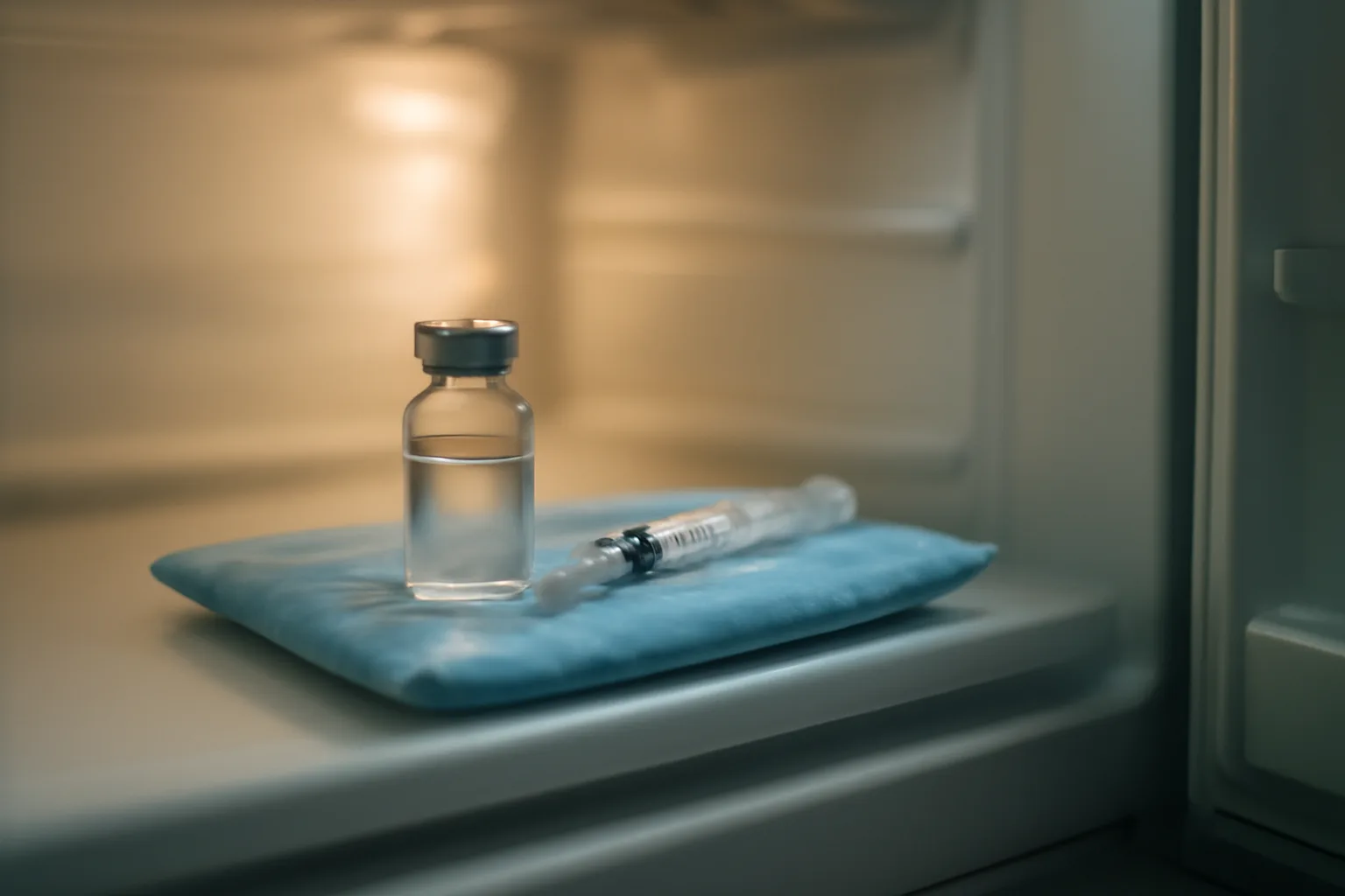 Glass medication vial and syringe stored on a cold pack inside a refrigerator